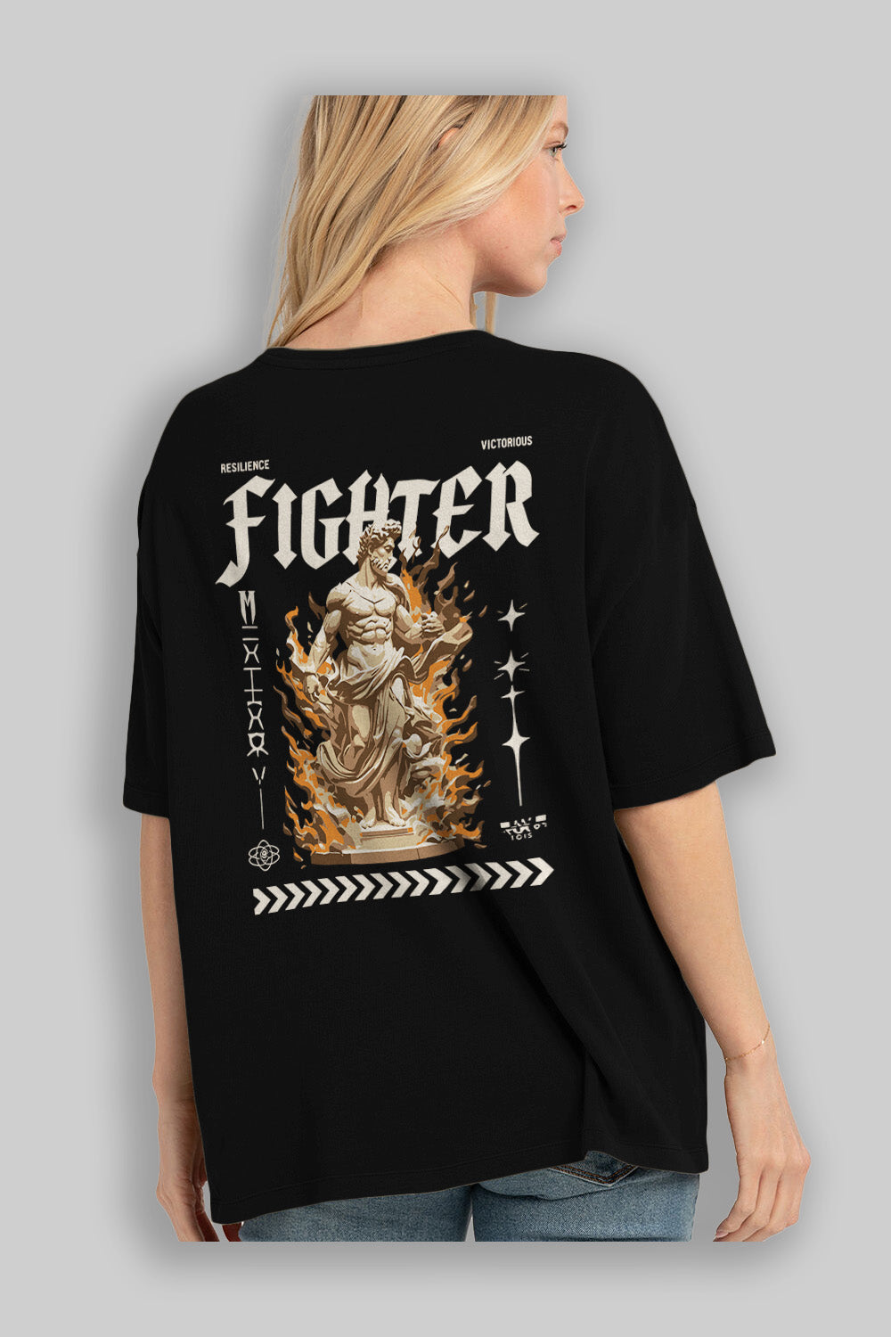 Fighter Arka Baskılı Oversize t-shirt Erkek Kadın %100 Pamuk Bisiklet Yaka tişort