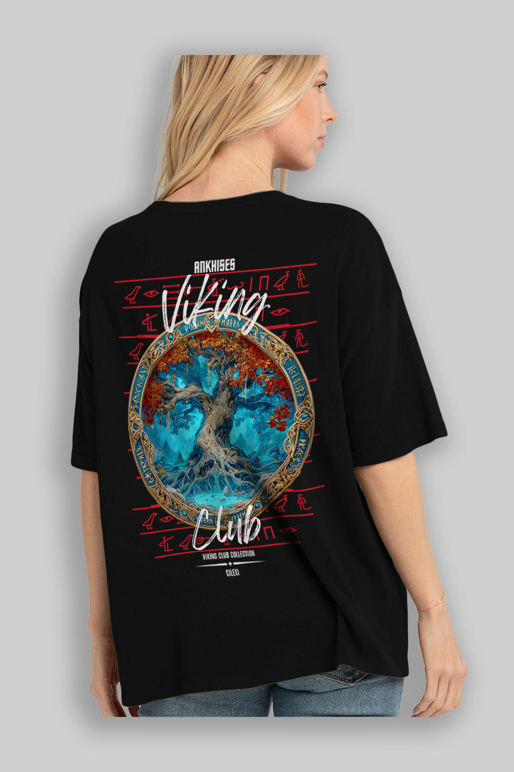 Yggdrasil Arka Baskılı Oversize t-shirt Erkek Kadın %100 Pamuk Bisiklet Yaka tişort