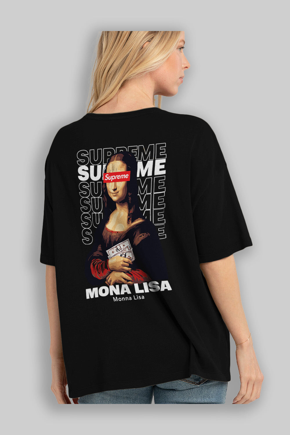 Mona Lisa Supreme Arka Baskılı Oversize t-shirt Erkek Kadın %100 Pamuk Bisiklet Yaka tişort