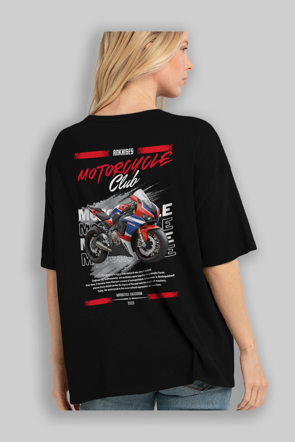 Motosiklet Serisi 3 Arka Baskılı Oversize t-shirt Erkek Kadın %100 Pamuk Bisiklet Yaka tişort