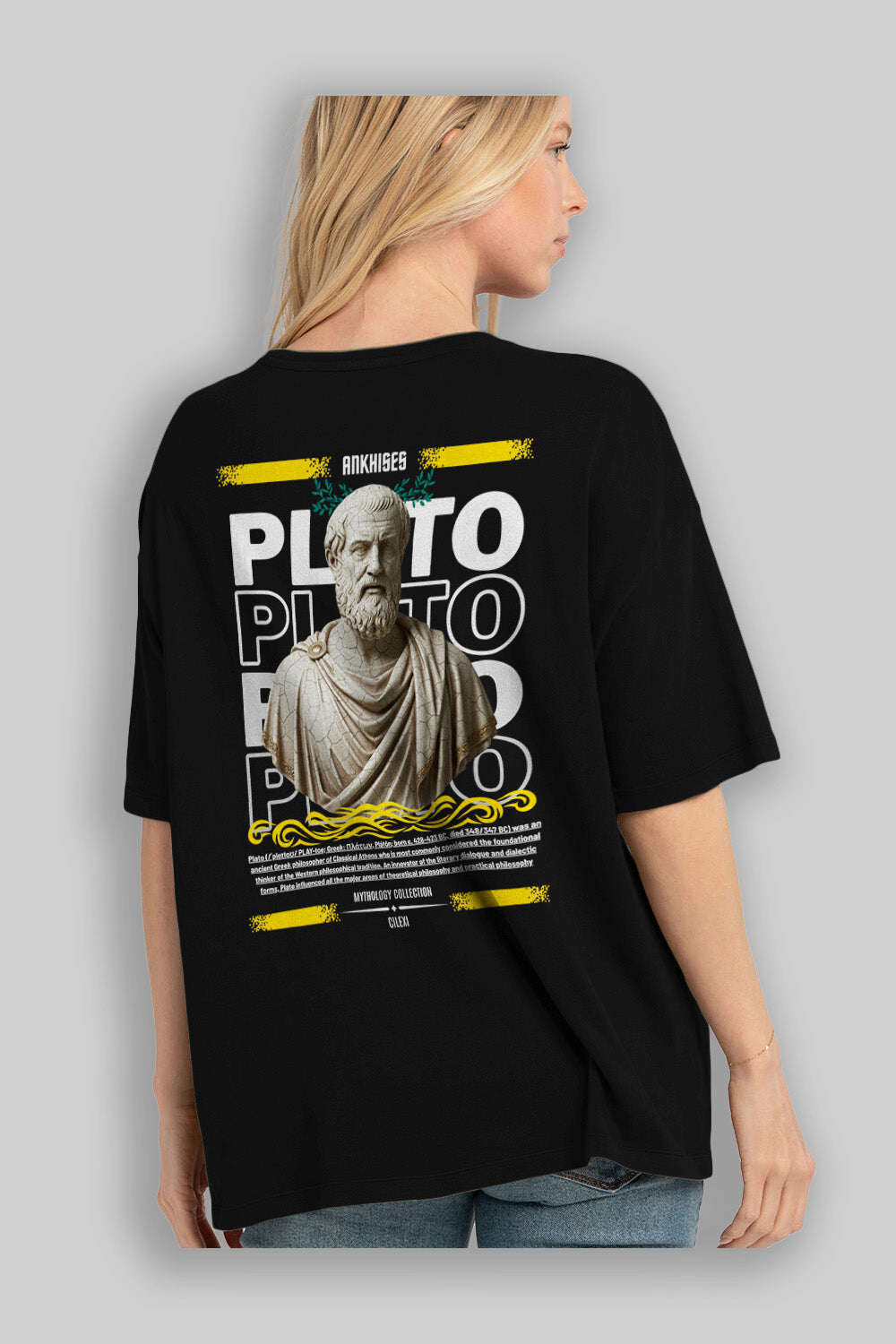 Plato 1 Arka Baskılı Oversize t-shirt Erkek Kadın %100 Pamuk Bisiklet Yaka tişort