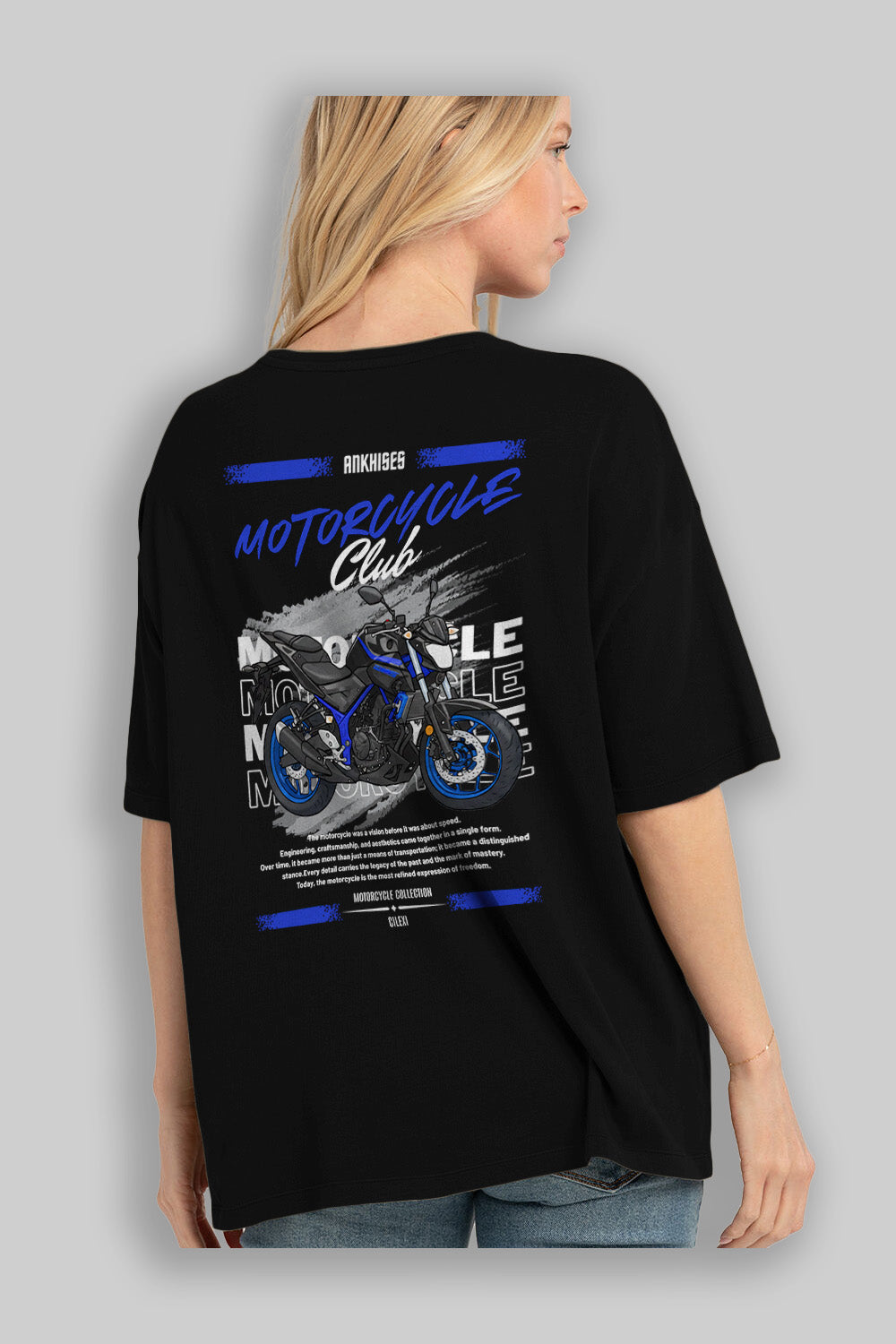 Motosiklet Serisi 22 Arka Baskılı Oversize t-shirt Erkek Kadın %100 Pamuk Bisiklet Yaka tişort