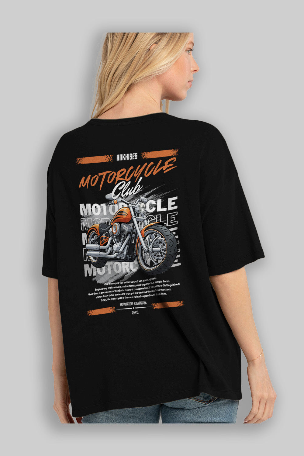 Motosiklet Serisi 34 Arka Baskılı Oversize t-shirt Erkek Kadın %100 Pamuk Bisiklet Yaka tişort