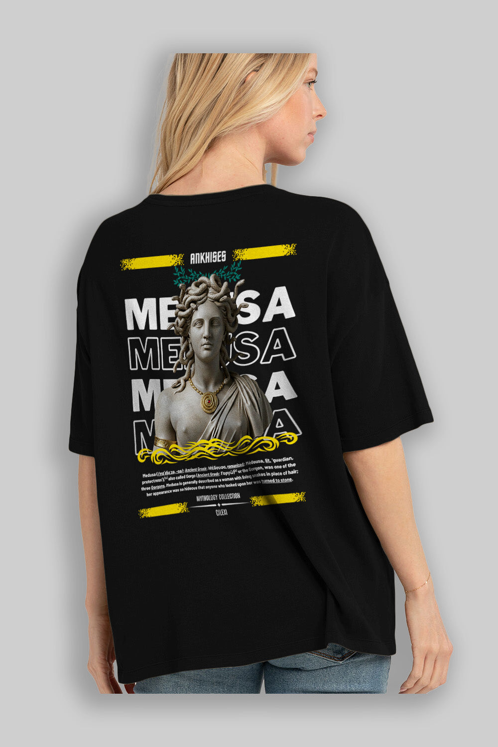 Medusa 4 Arka Baskılı Oversize t-shirt Erkek Kadın %100 Pamuk Bisiklet Yaka tişort
