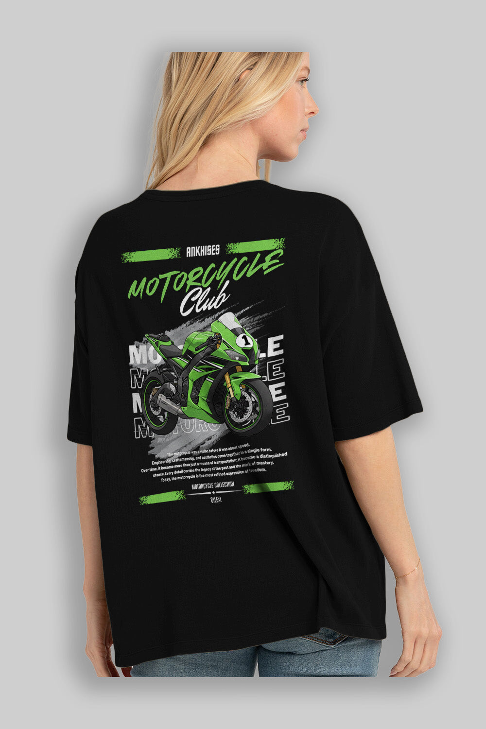 Motosiklet Serisi 6 Arka Baskılı Oversize t-shirt Erkek Kadın %100 Pamuk Bisiklet Yaka tişort