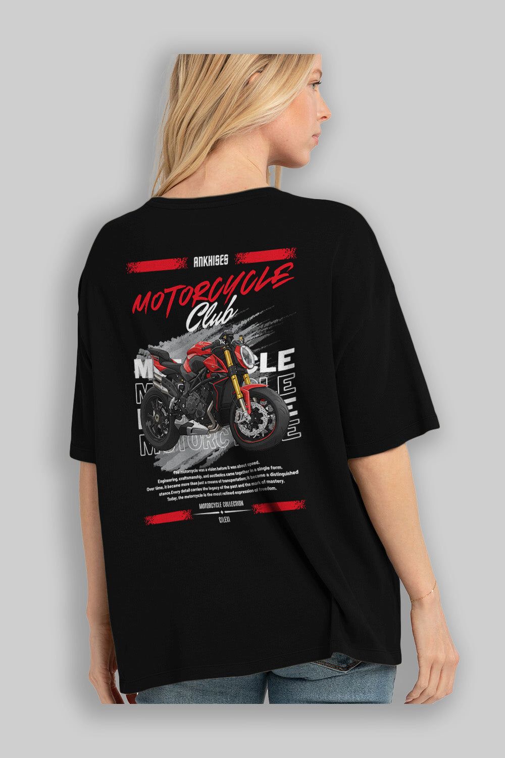 Motosiklet Serisi 26 Arka Baskılı Oversize t-shirt Erkek Kadın %100 Pamuk Bisiklet Yaka tişort