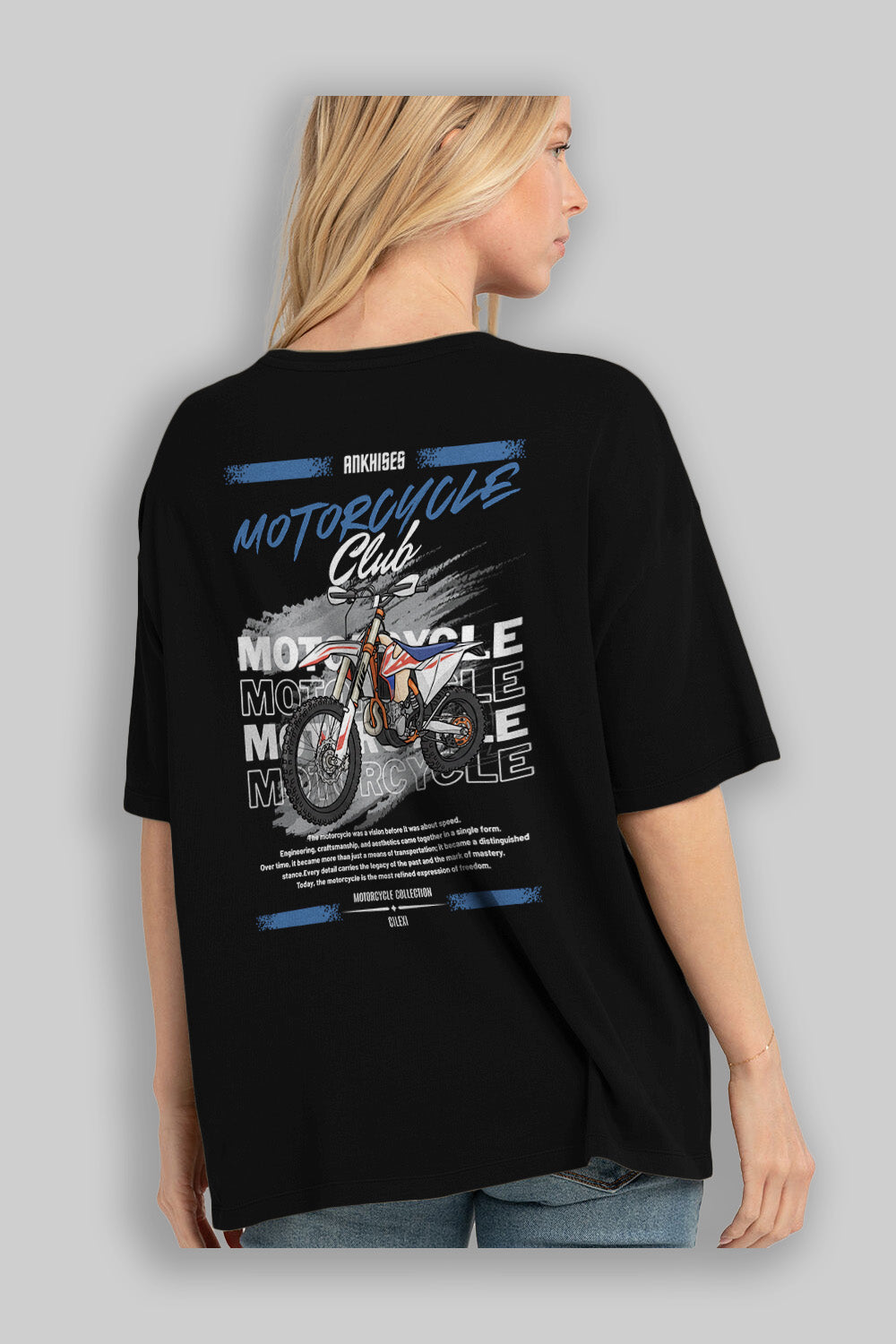 Motosiklet Serisi 18 Arka Baskılı Oversize t-shirt Erkek Kadın %100 Pamuk Bisiklet Yaka tişort