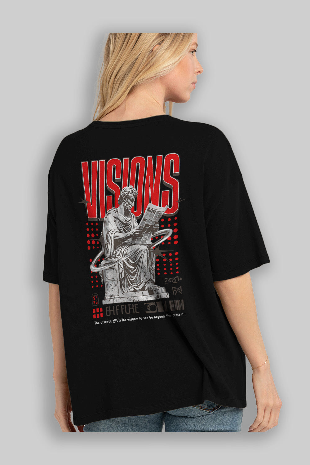 Visions Arka Baskılı Oversize t-shirt Erkek Kadın %100 Pamuk Bisiklet Yaka tişort