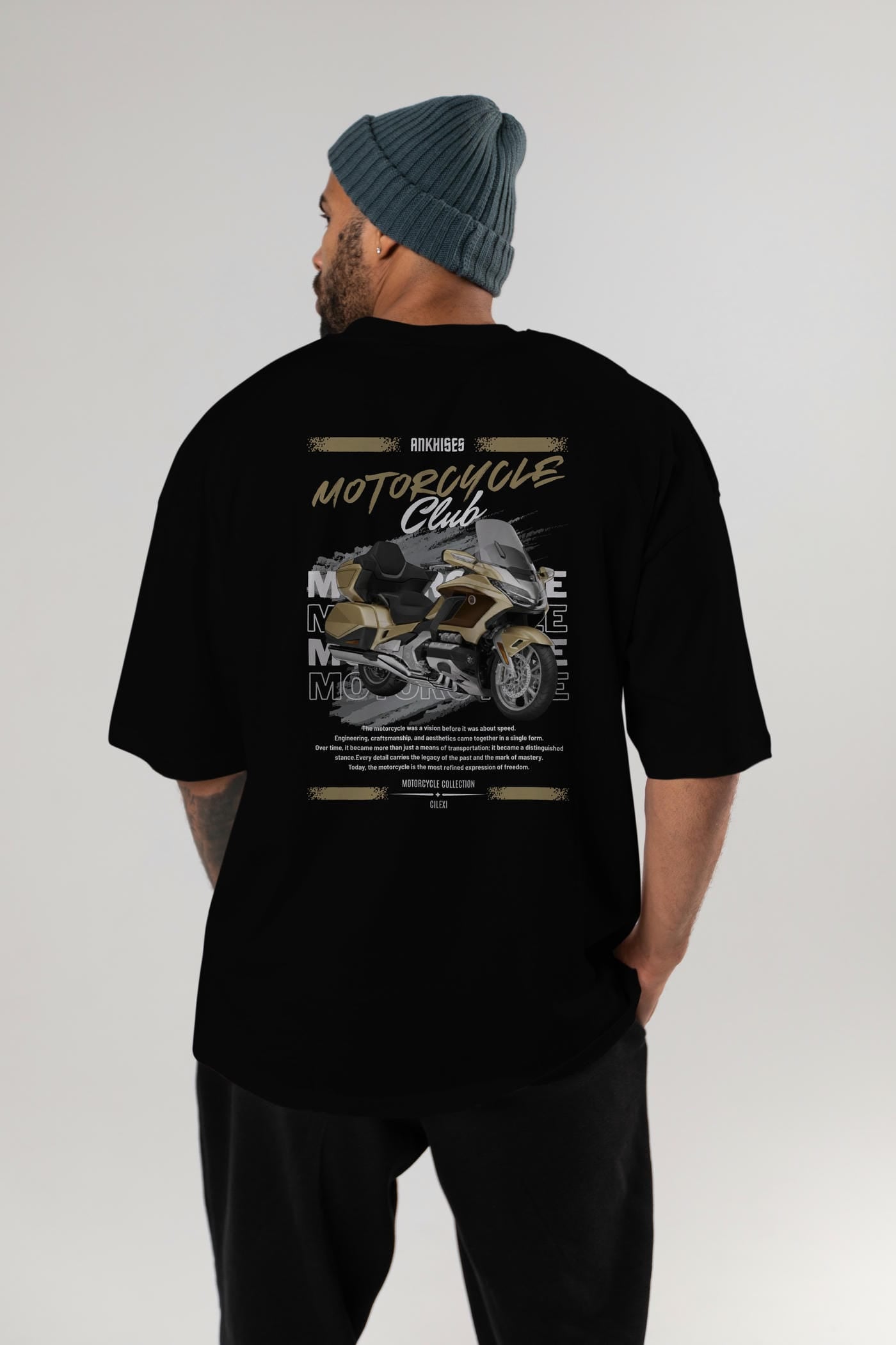 Motosiklet Serisi 28 Arka Baskılı Oversize t-shirt Erkek Kadın %100 Pamuk Bisiklet Yaka tişort