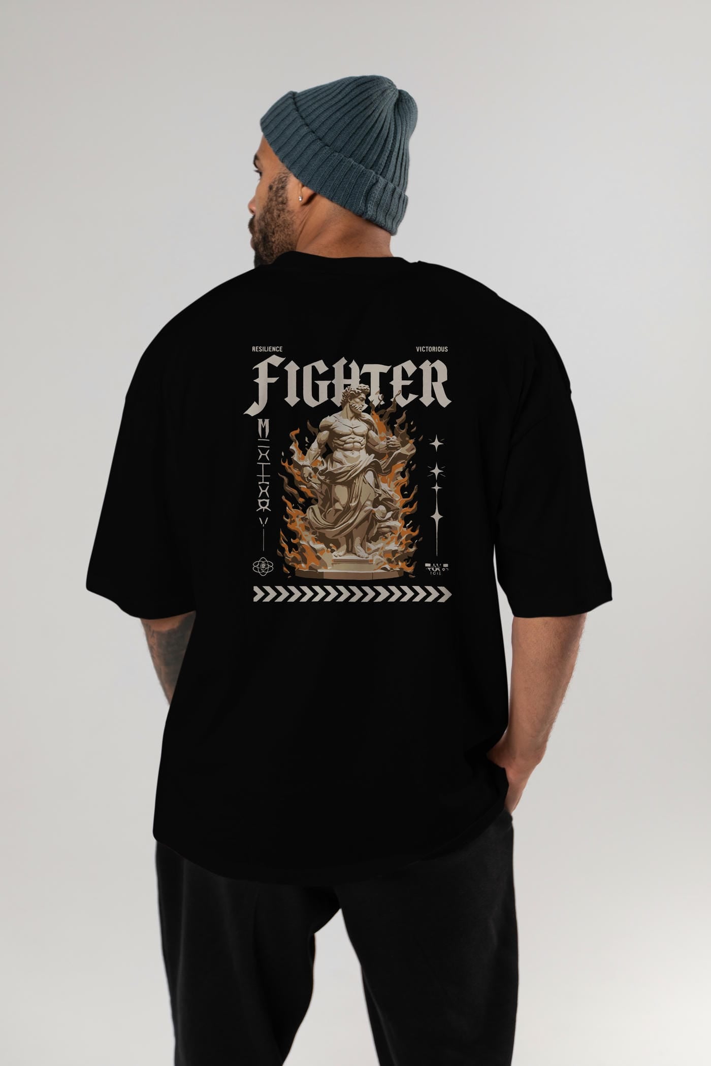 Fighter Arka Baskılı Oversize t-shirt Erkek Kadın %100 Pamuk Bisiklet Yaka tişort