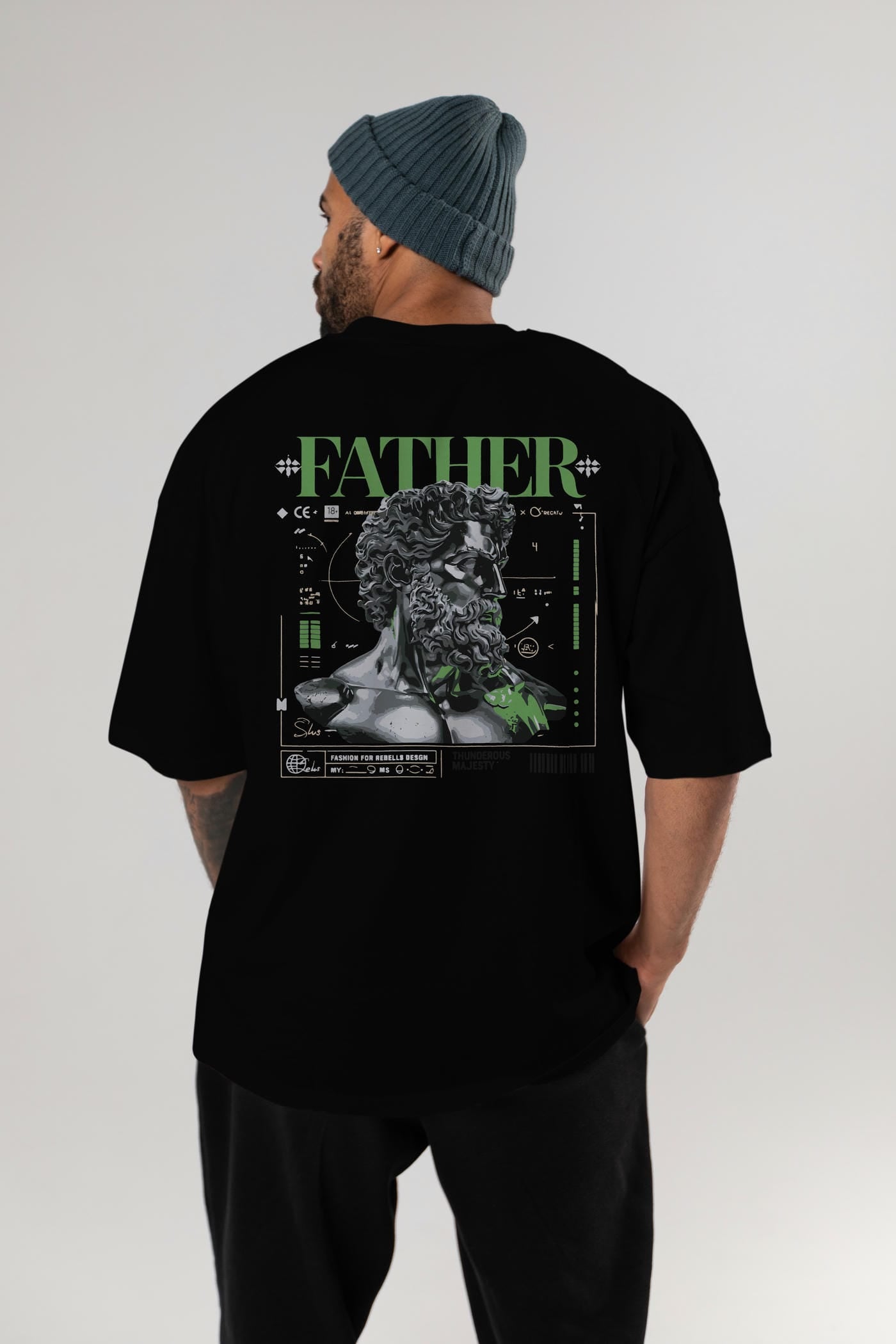 Father Zeus Arka Baskılı Oversize t-shirt Erkek Kadın %100 Pamuk Bisiklet Yaka tişort