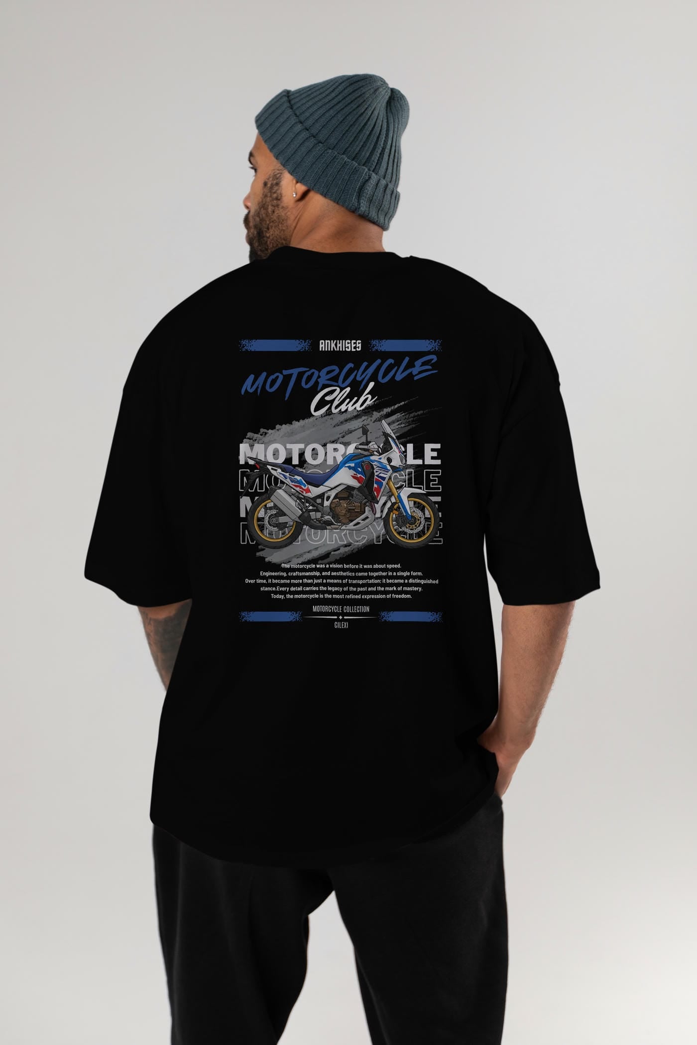Motosiklet Serisi 23 Arka Baskılı Oversize t-shirt Erkek Kadın %100 Pamuk Bisiklet Yaka tişort