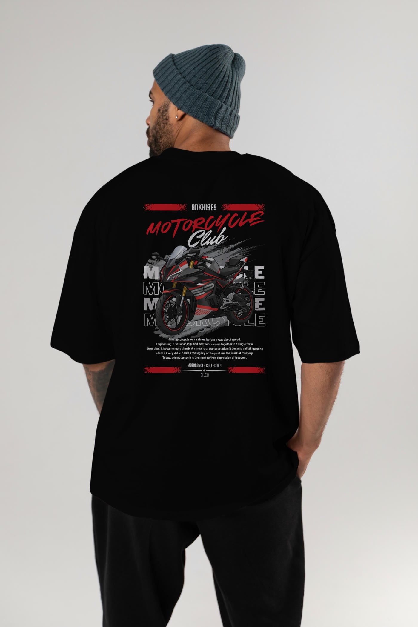 Motosiklet Serisi 17 Arka Baskılı Oversize t-shirt Erkek Kadın %100 Pamuk Bisiklet Yaka tişort