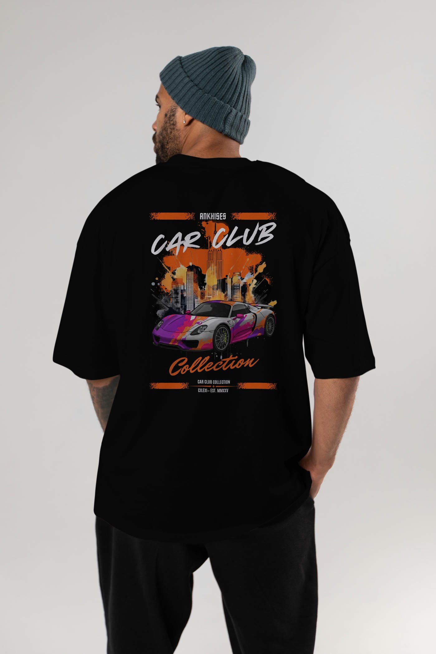 Araba Club Serisi 35 Baskılı Oversize t-shirt Erkek Kadın %100 Pamuk Bisiklet Yaka tişort