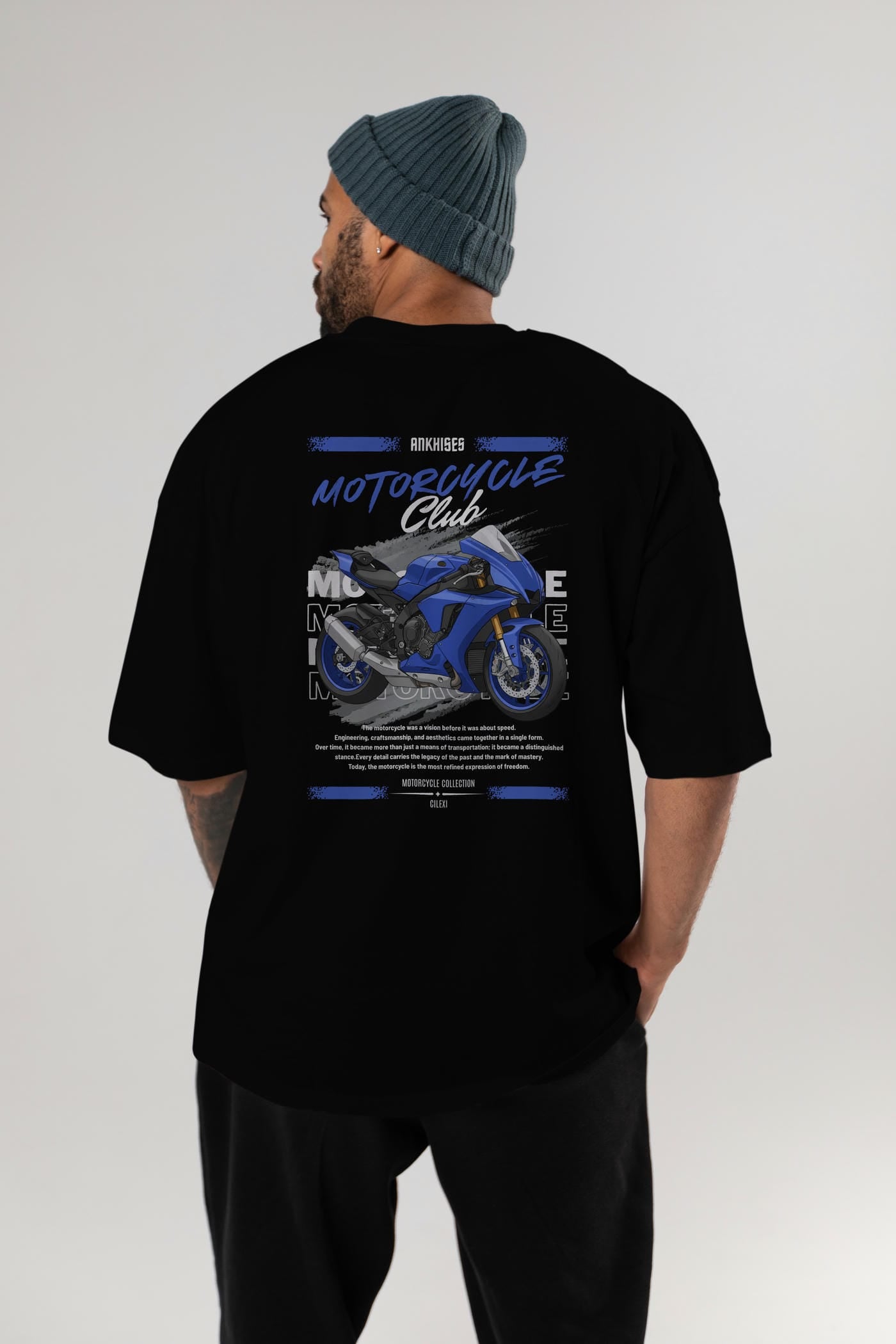Motosiklet Serisi 31 Arka Baskılı Oversize t-shirt Erkek Kadın %100 Pamuk Bisiklet Yaka tişort