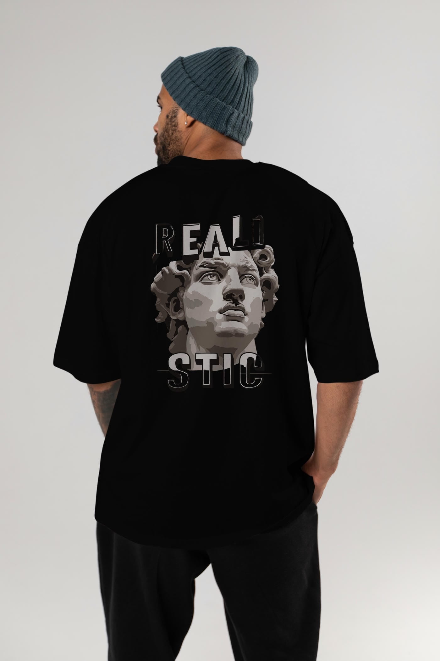 Realistic Arka Baskılı Oversize t-shirt Erkek Kadın %100 Pamuk Bisiklet Yaka tişort