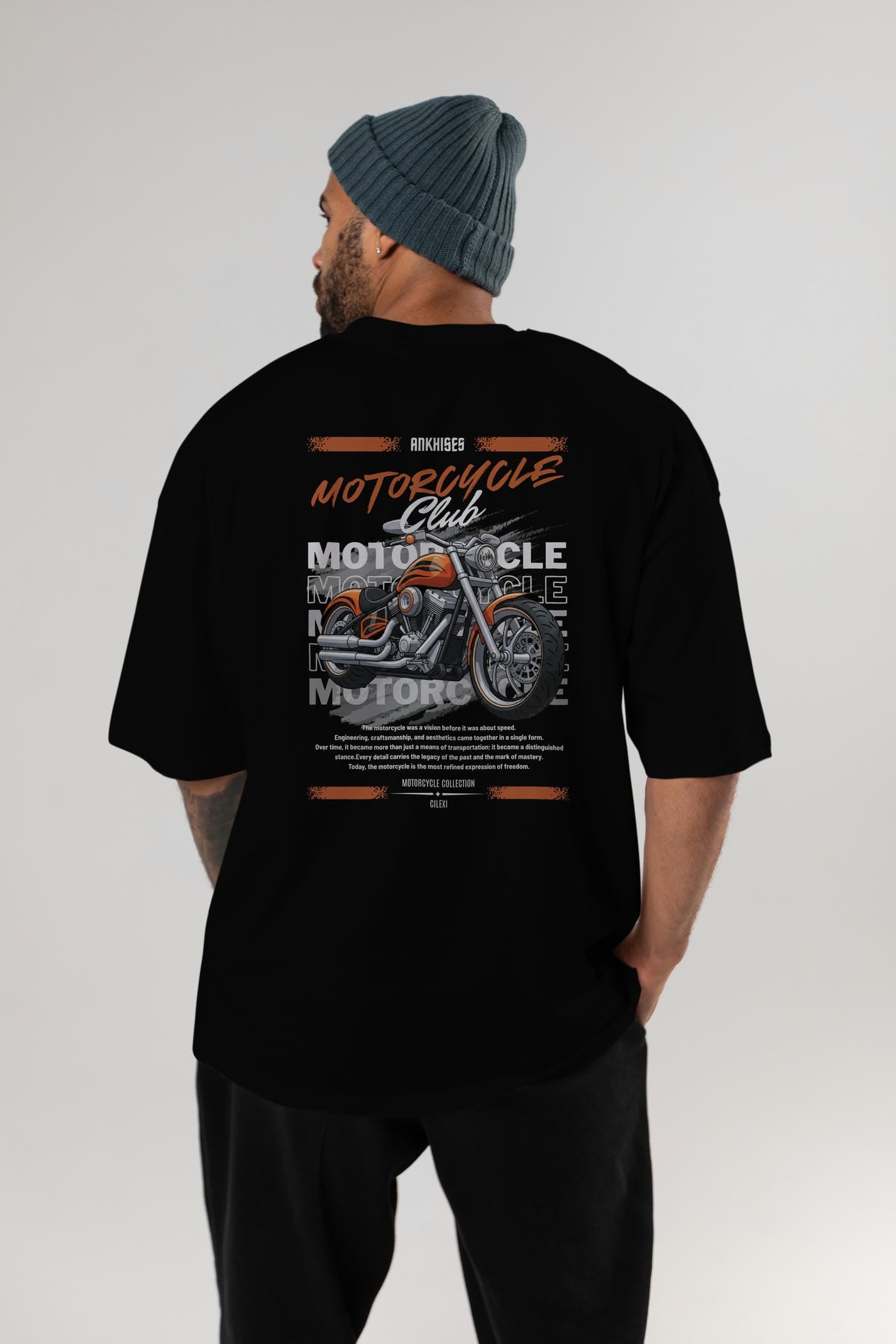 Motosiklet Serisi 34 Arka Baskılı Oversize t-shirt Erkek Kadın %100 Pamuk Bisiklet Yaka tişort
