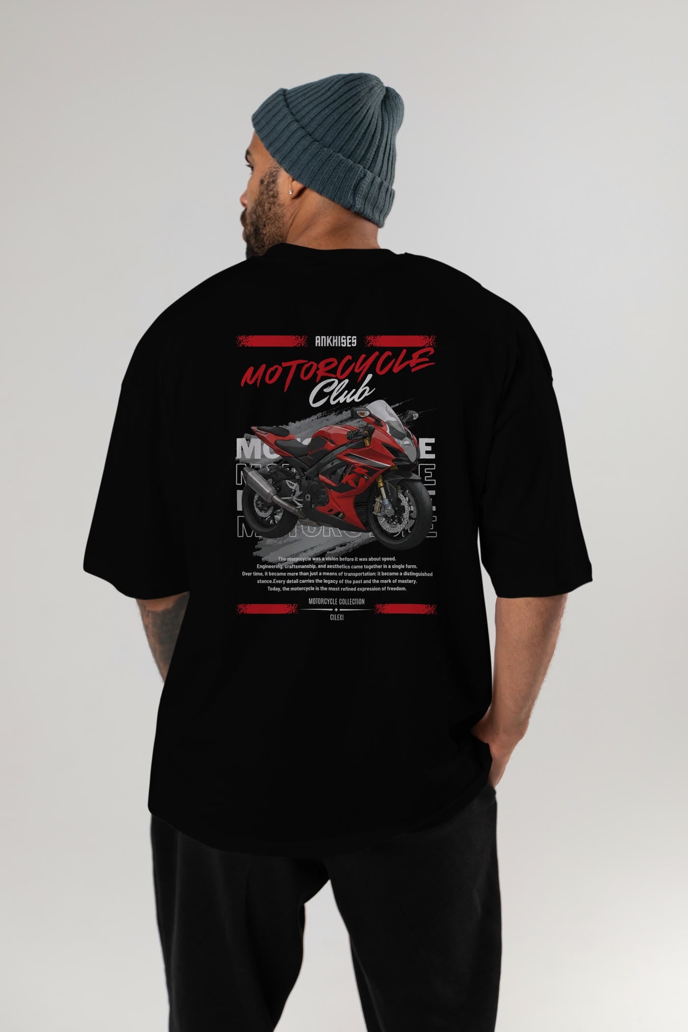 Motosiklet Serisi 5 Arka Baskılı Oversize t-shirt Erkek Kadın %100 Pamuk Bisiklet Yaka tişort