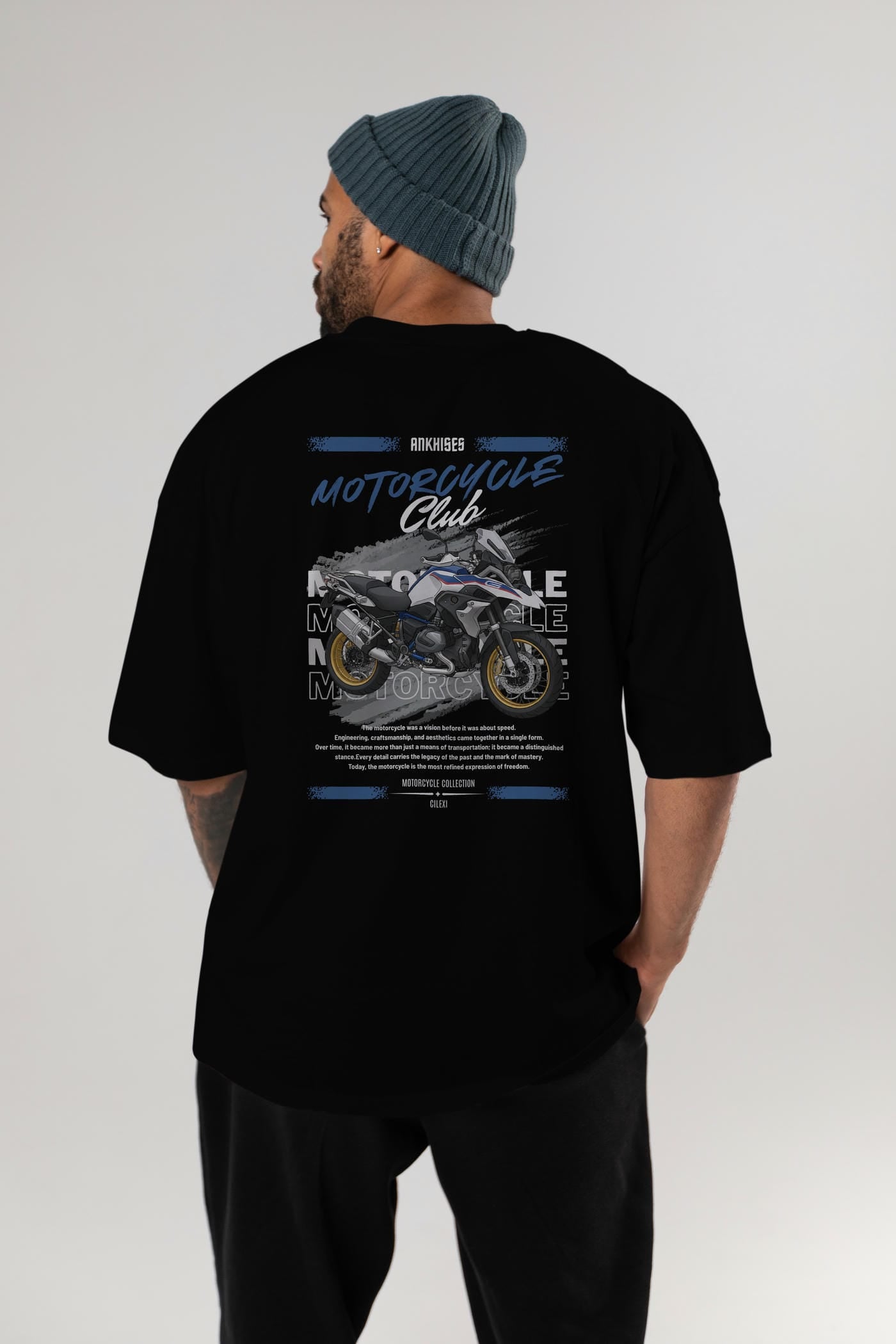 Motosiklet Serisi 27 Arka Baskılı Oversize t-shirt Erkek Kadın %100 Pamuk Bisiklet Yaka tişort