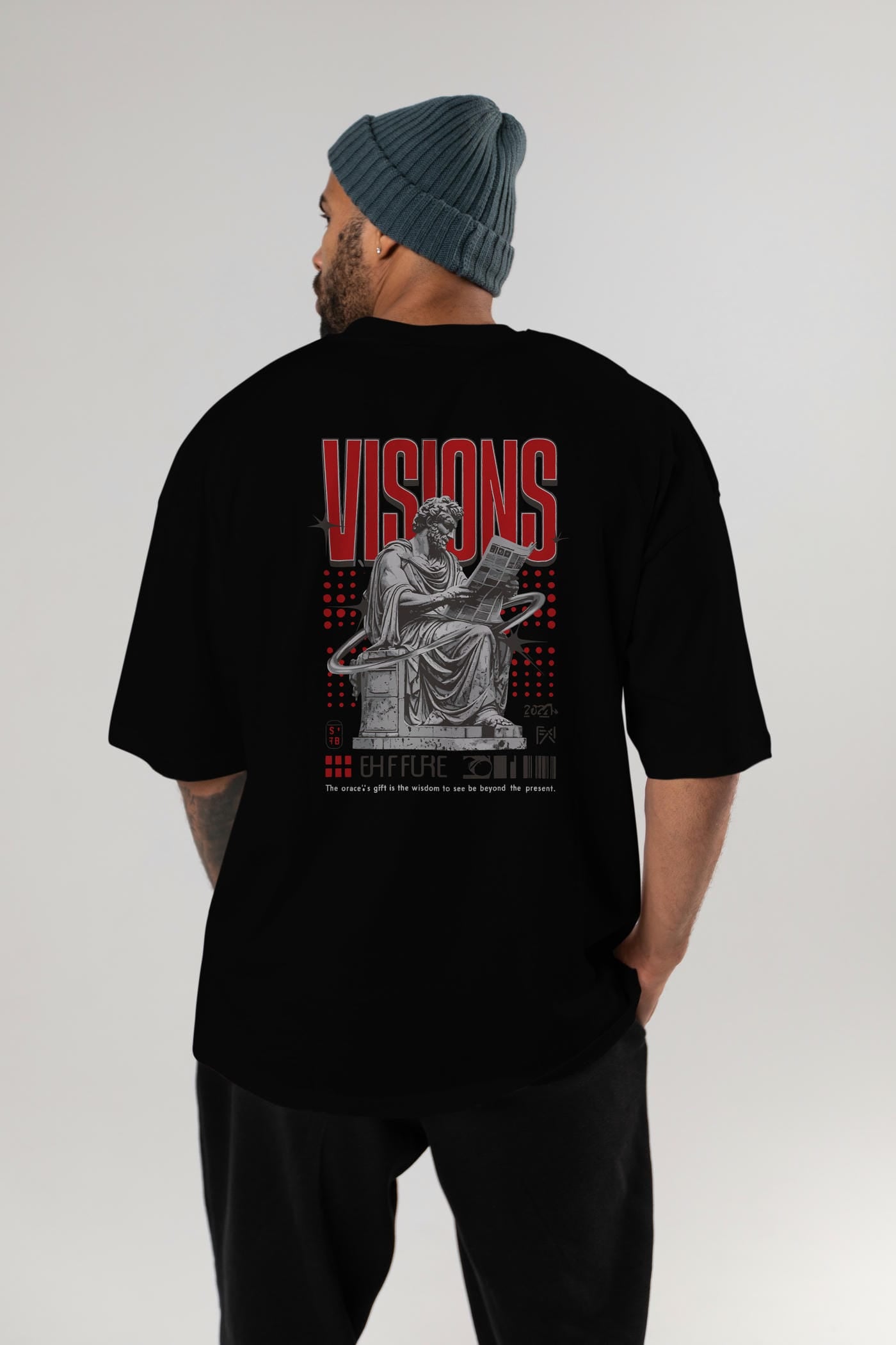 Visions Arka Baskılı Oversize t-shirt Erkek Kadın %100 Pamuk Bisiklet Yaka tişort