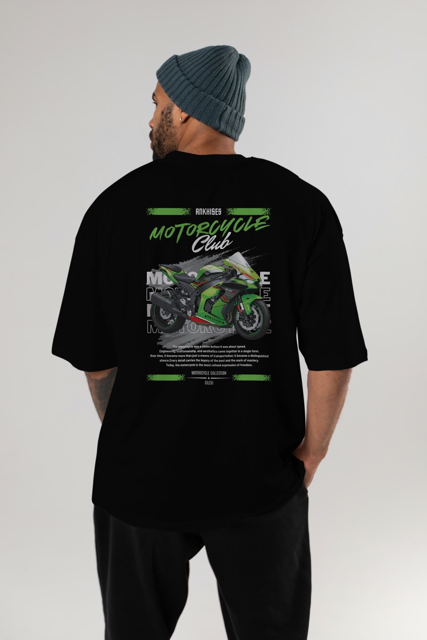 Motosiklet Serisi 14 Arka Baskılı Oversize t-shirt Erkek Kadın %100 Pamuk Bisiklet Yaka tişort