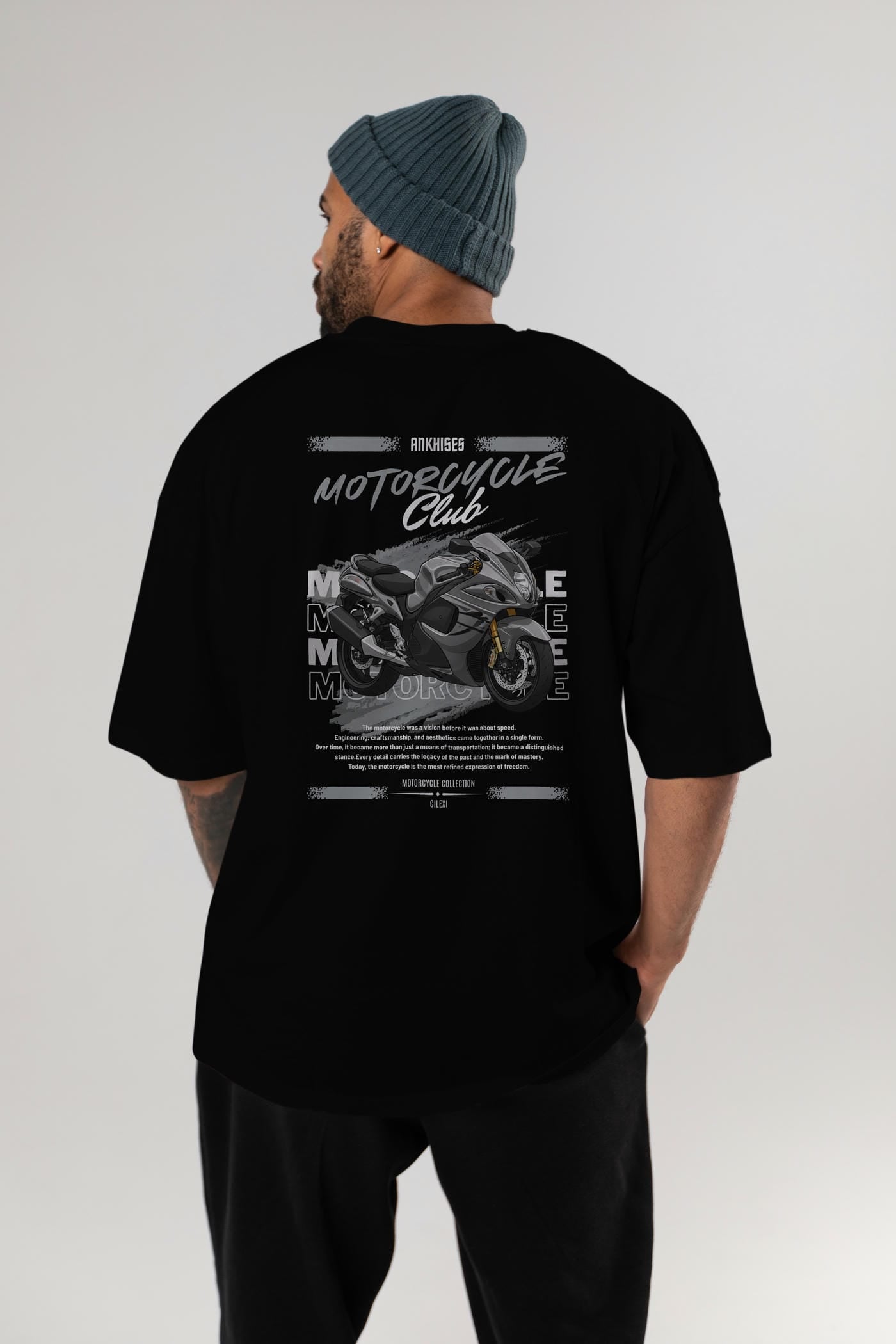 Motosiklet Serisi 9 Arka Baskılı Oversize t-shirt Erkek Kadın %100 Pamuk Bisiklet Yaka tişort