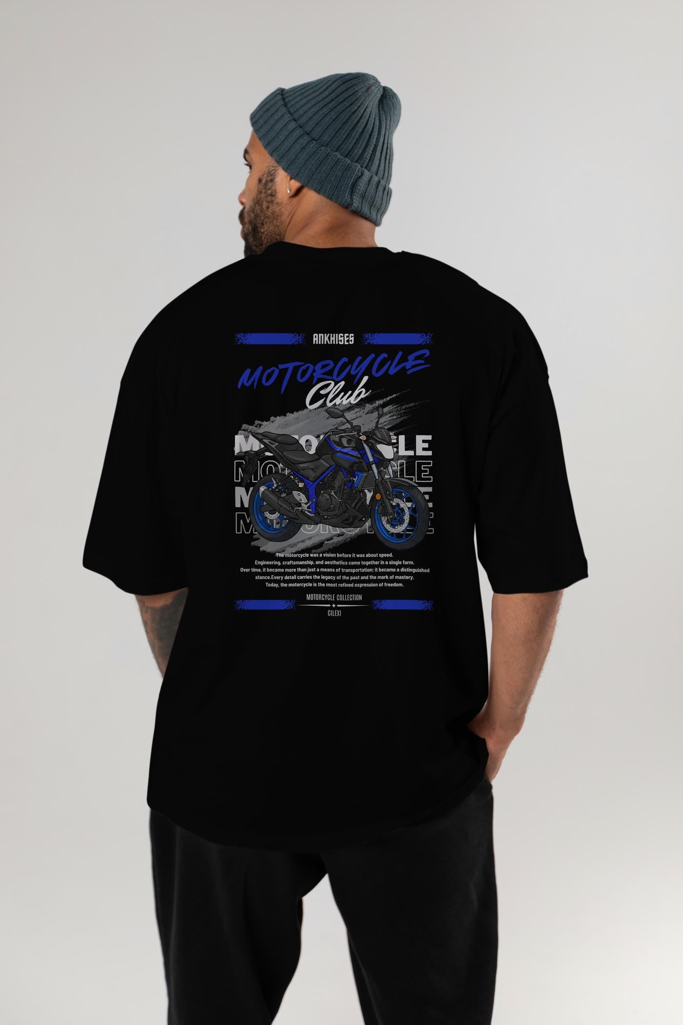Motosiklet Serisi 22 Arka Baskılı Oversize t-shirt Erkek Kadın %100 Pamuk Bisiklet Yaka tişort