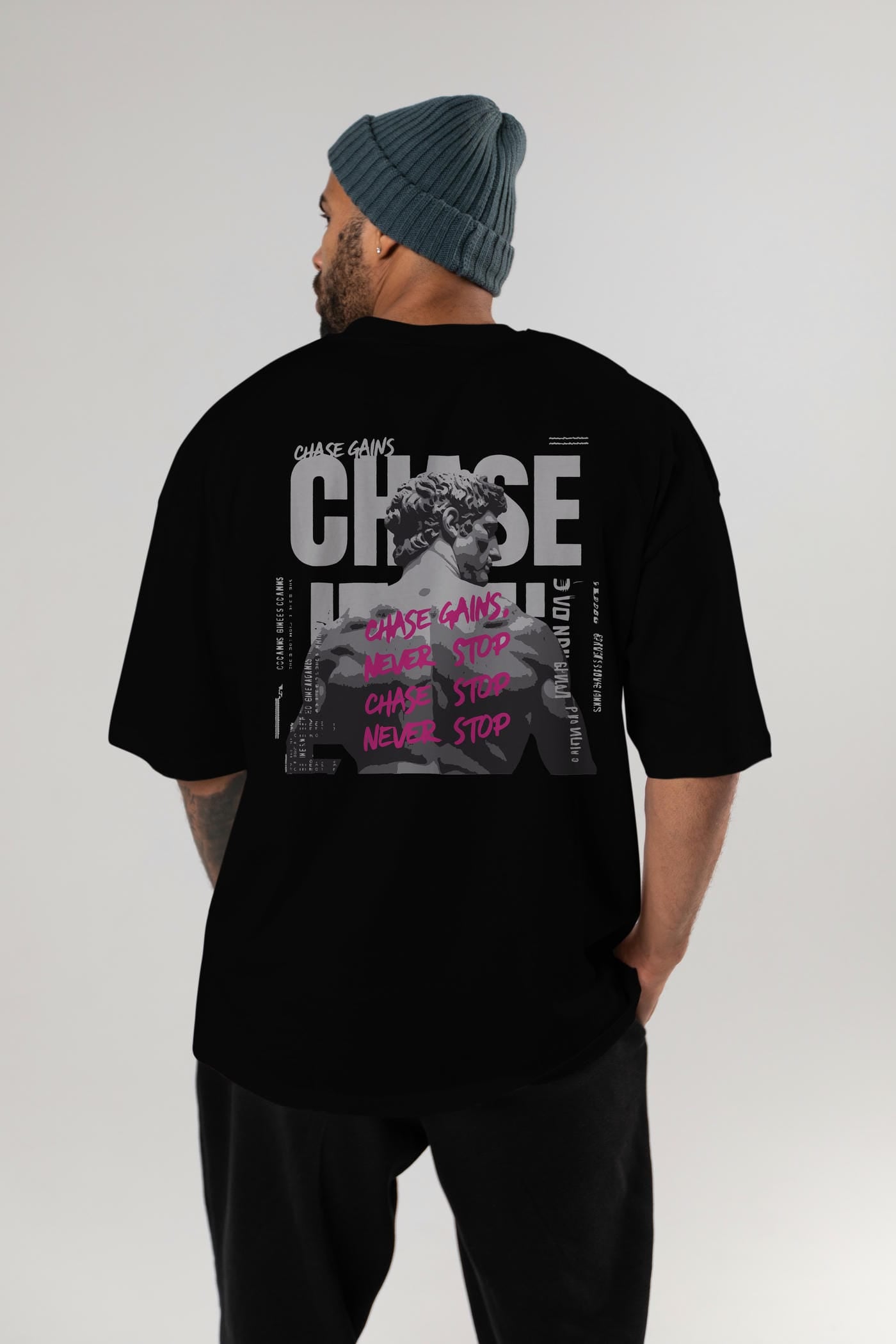 Chase Gains Arka Baskılı Oversize t-shirt Erkek Kadın %100 Pamuk Bisiklet Yaka tişort