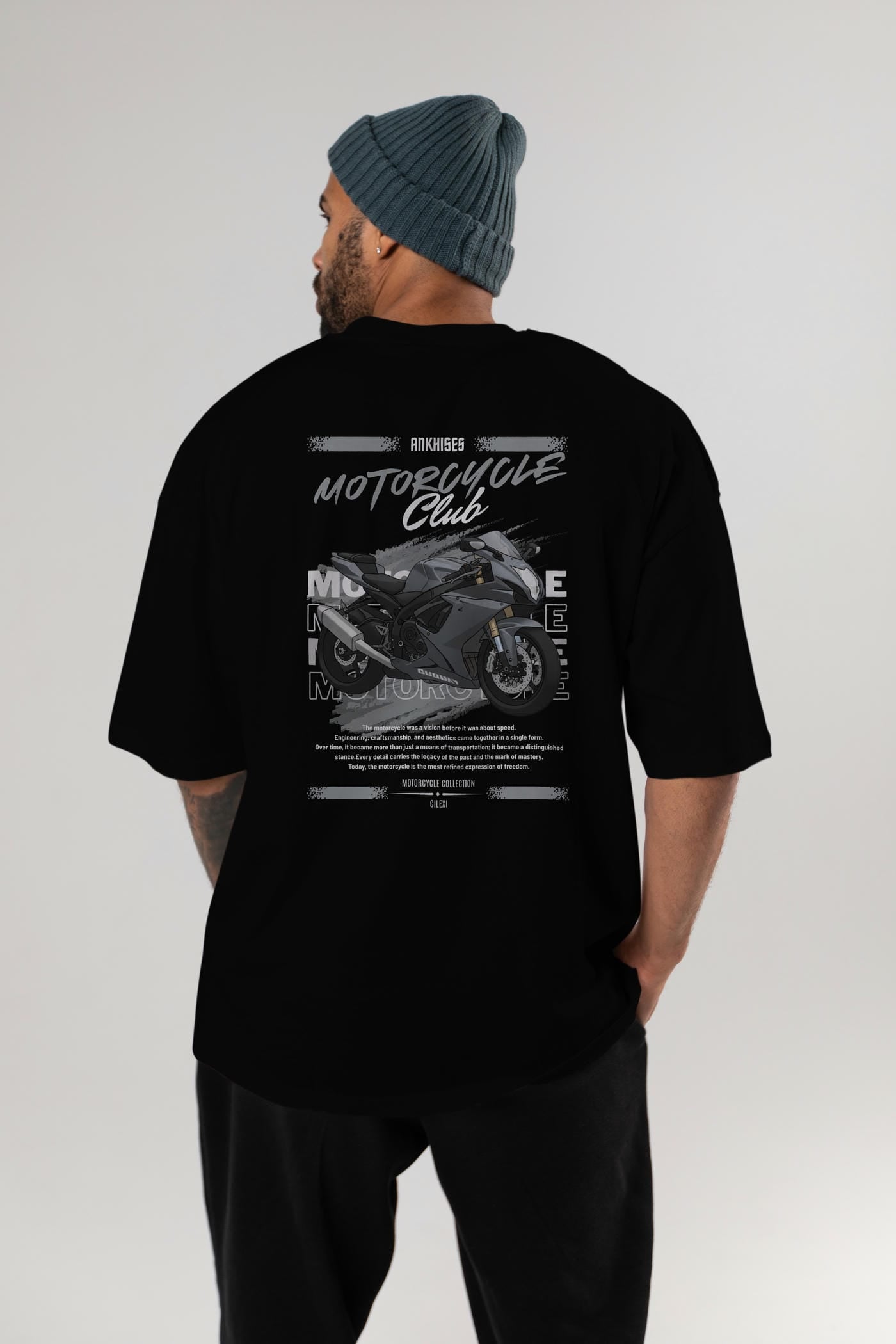 Motosiklet Serisi 10 Arka Baskılı Oversize t-shirt Erkek Kadın %100 Pamuk Bisiklet Yaka tişort