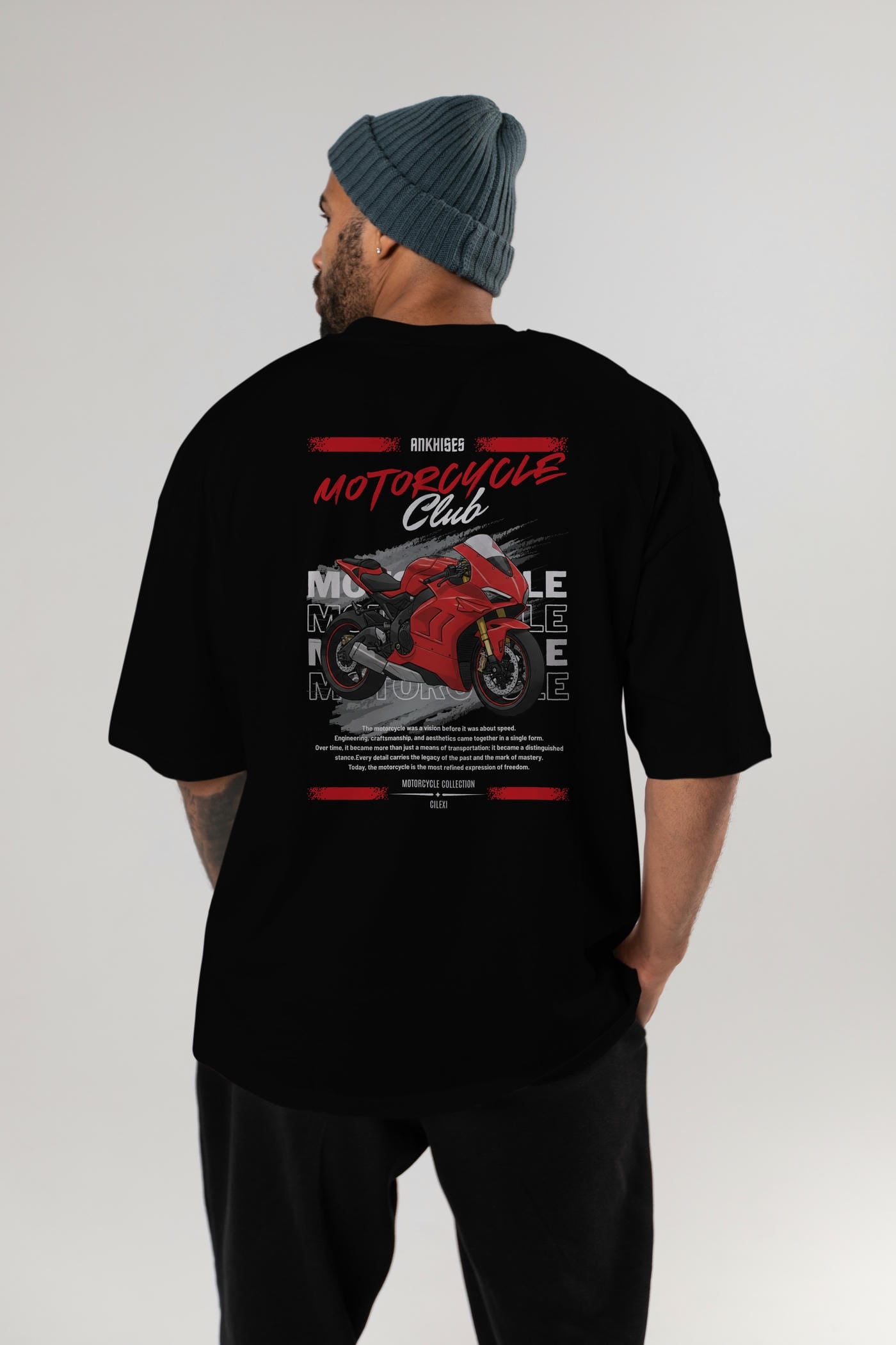 Motosiklet Serisi 7 Arka Baskılı Oversize t-shirt Erkek Kadın %100 Pamuk Bisiklet Yaka tişort