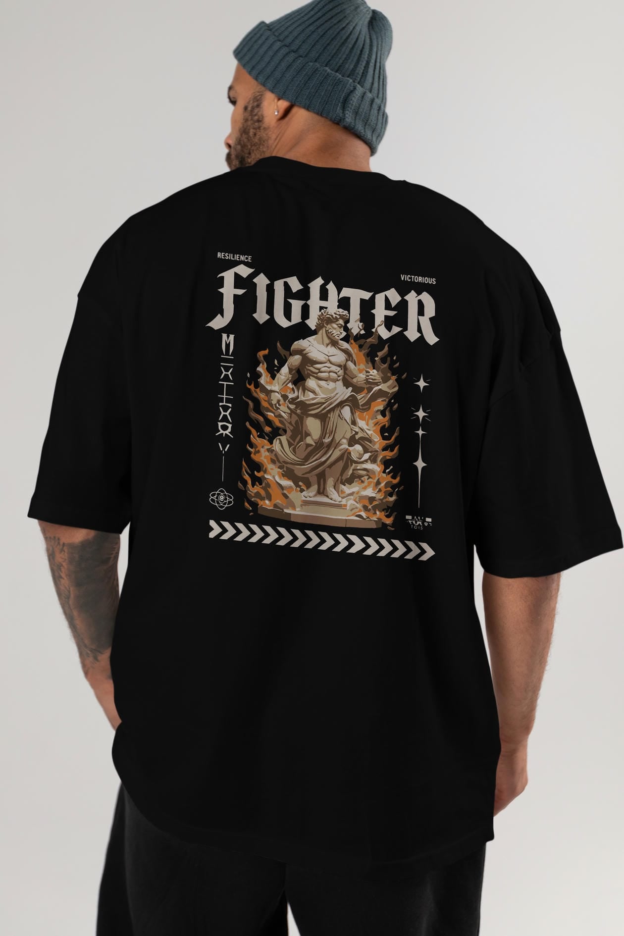 Fighter Arka Baskılı Oversize t-shirt Erkek Kadın %100 Pamuk Bisiklet Yaka tişort