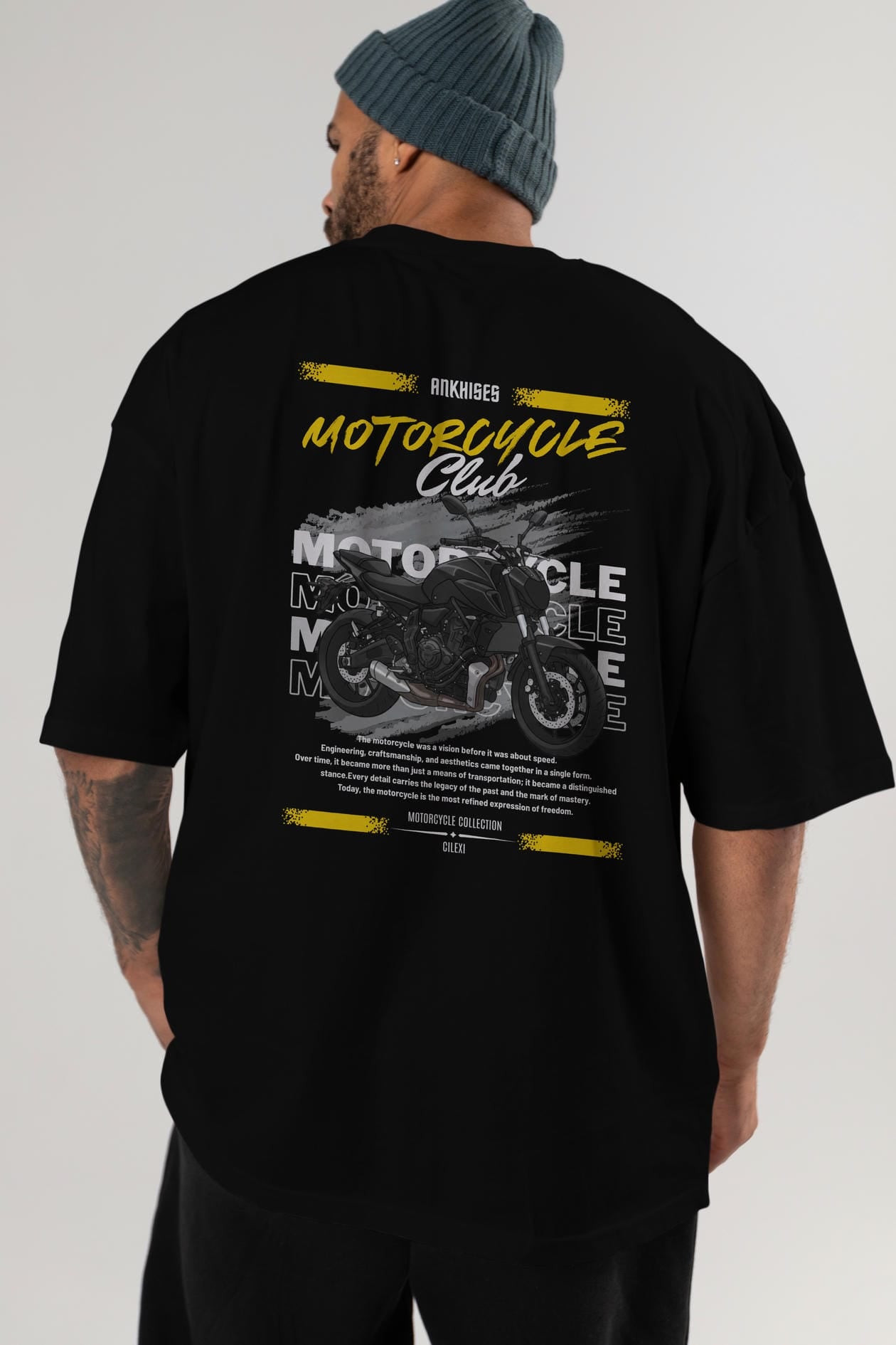 Motosiklet Serisi 20 Arka Baskılı Oversize t-shirt Erkek Kadın %100 Pamuk Bisiklet Yaka tişort