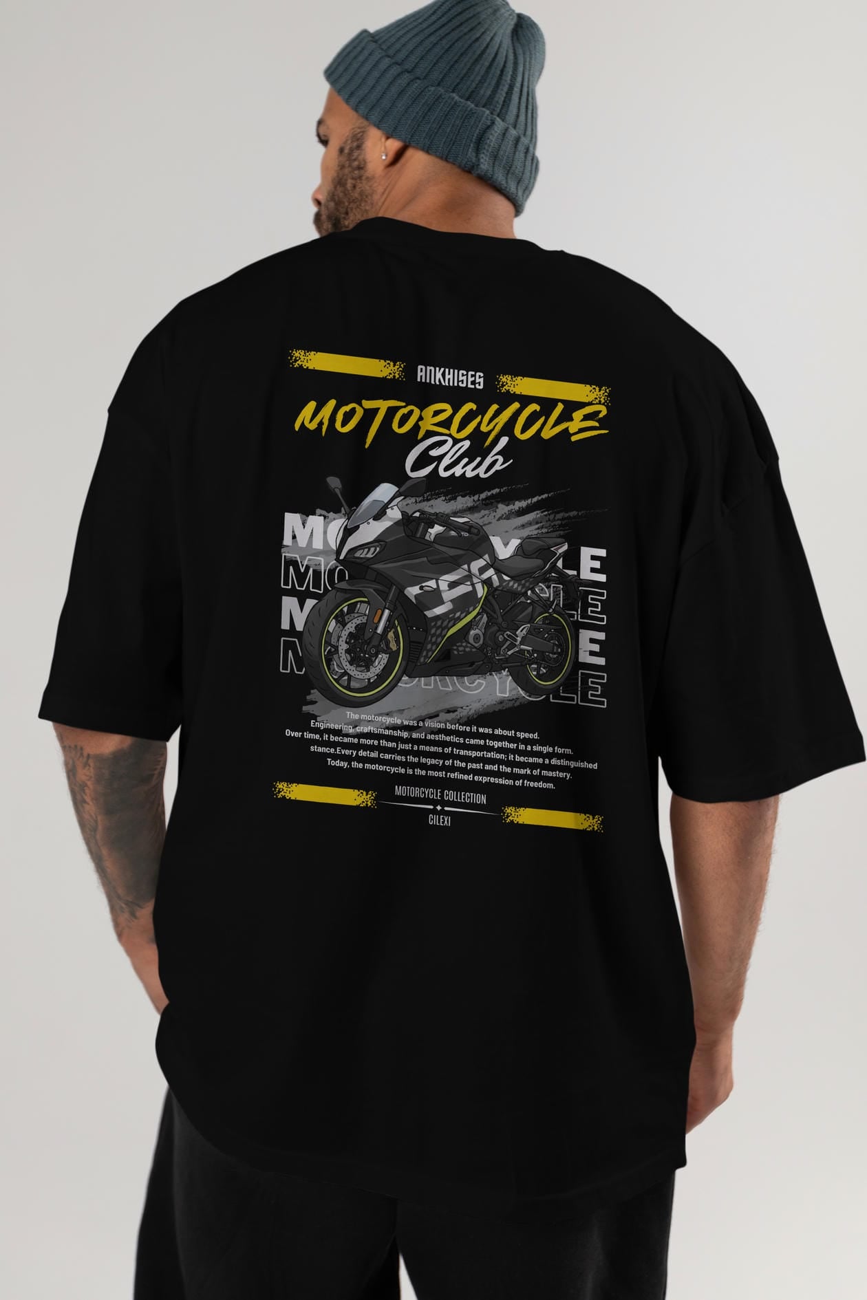 Motosiklet Serisi 16 Arka Baskılı Oversize t-shirt Erkek Kadın %100 Pamuk Bisiklet Yaka tişort