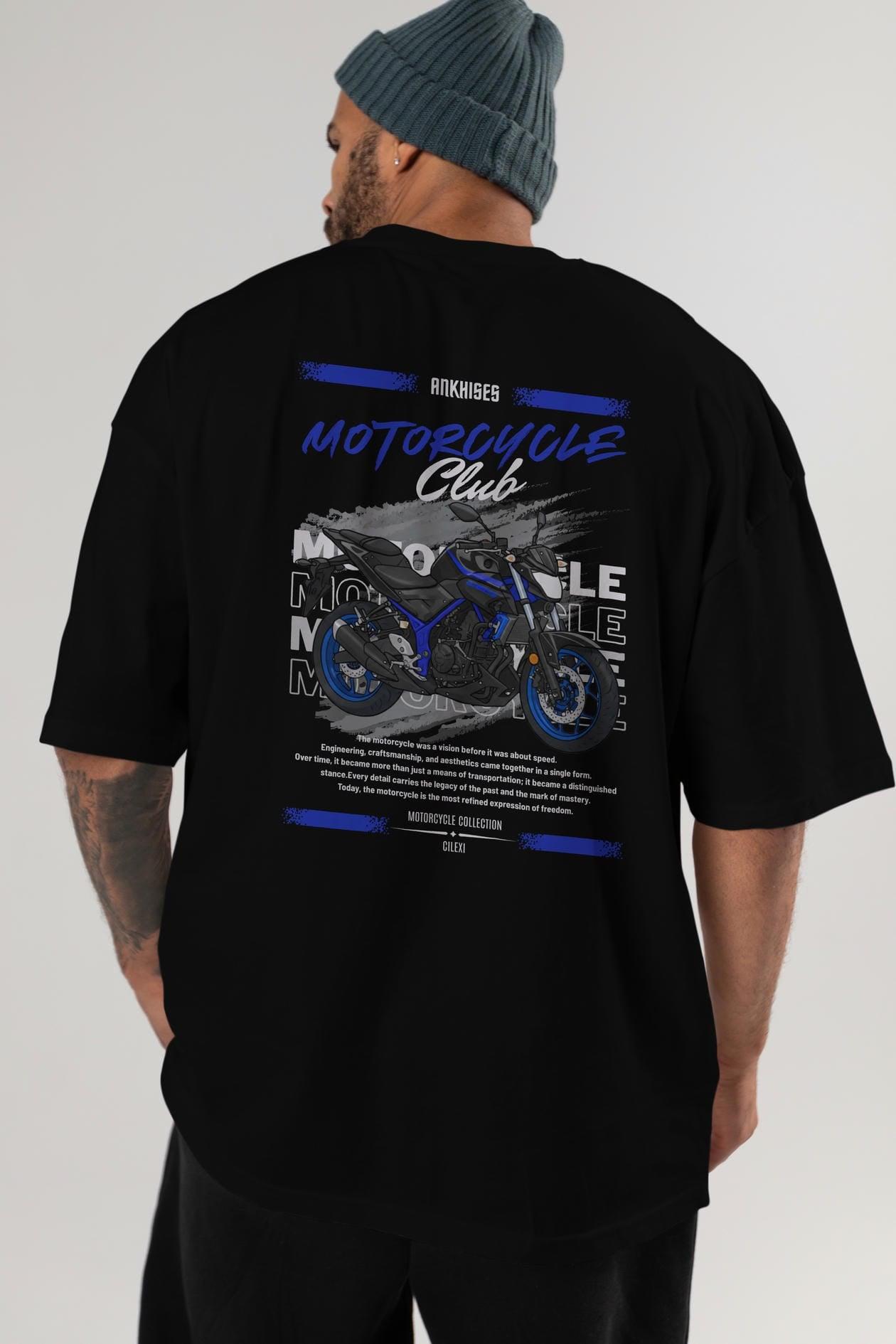 Motosiklet Serisi 22 Arka Baskılı Oversize t-shirt Erkek Kadın %100 Pamuk Bisiklet Yaka tişort