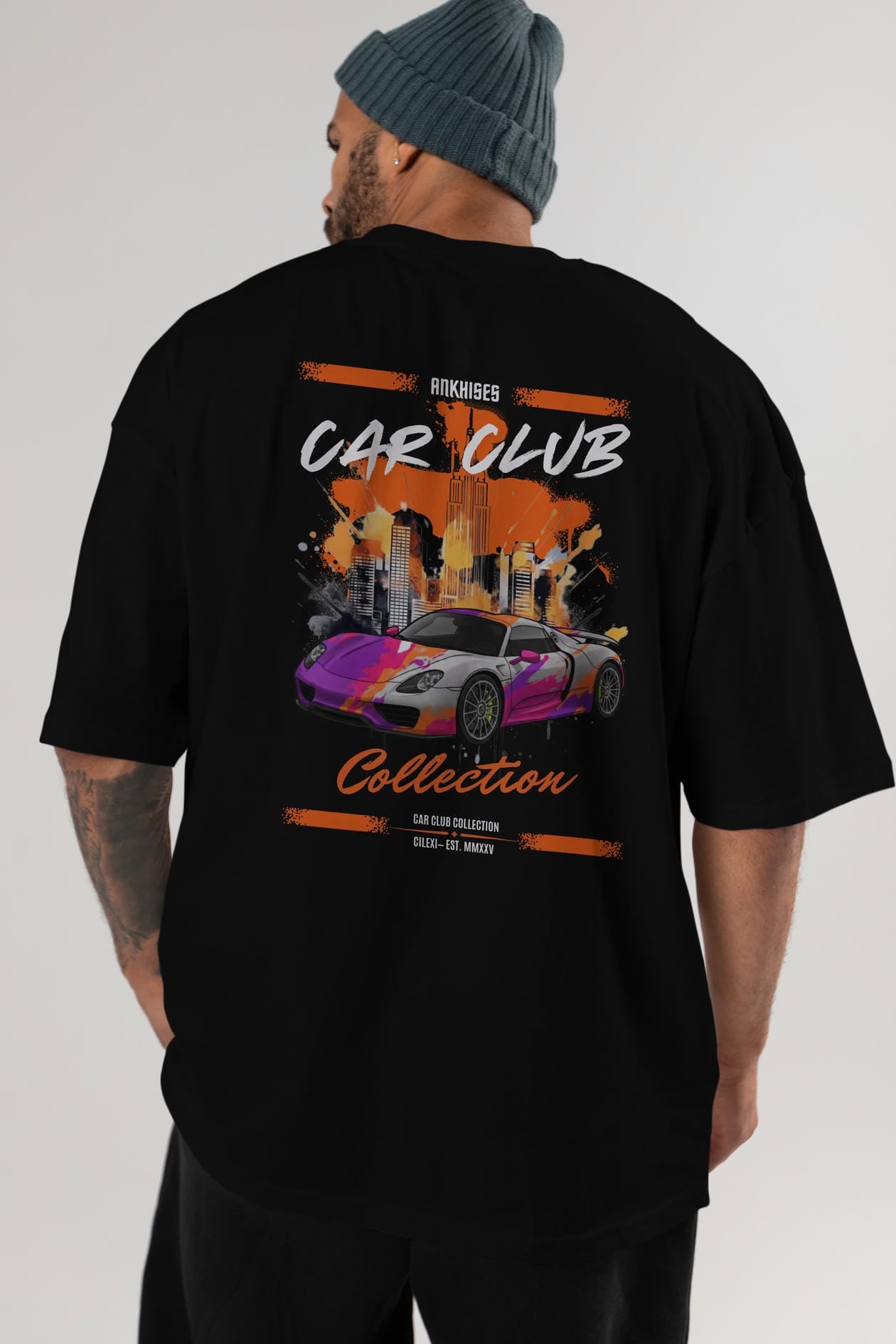 Araba Club Serisi 35 Baskılı Oversize t-shirt Erkek Kadın %100 Pamuk Bisiklet Yaka tişort