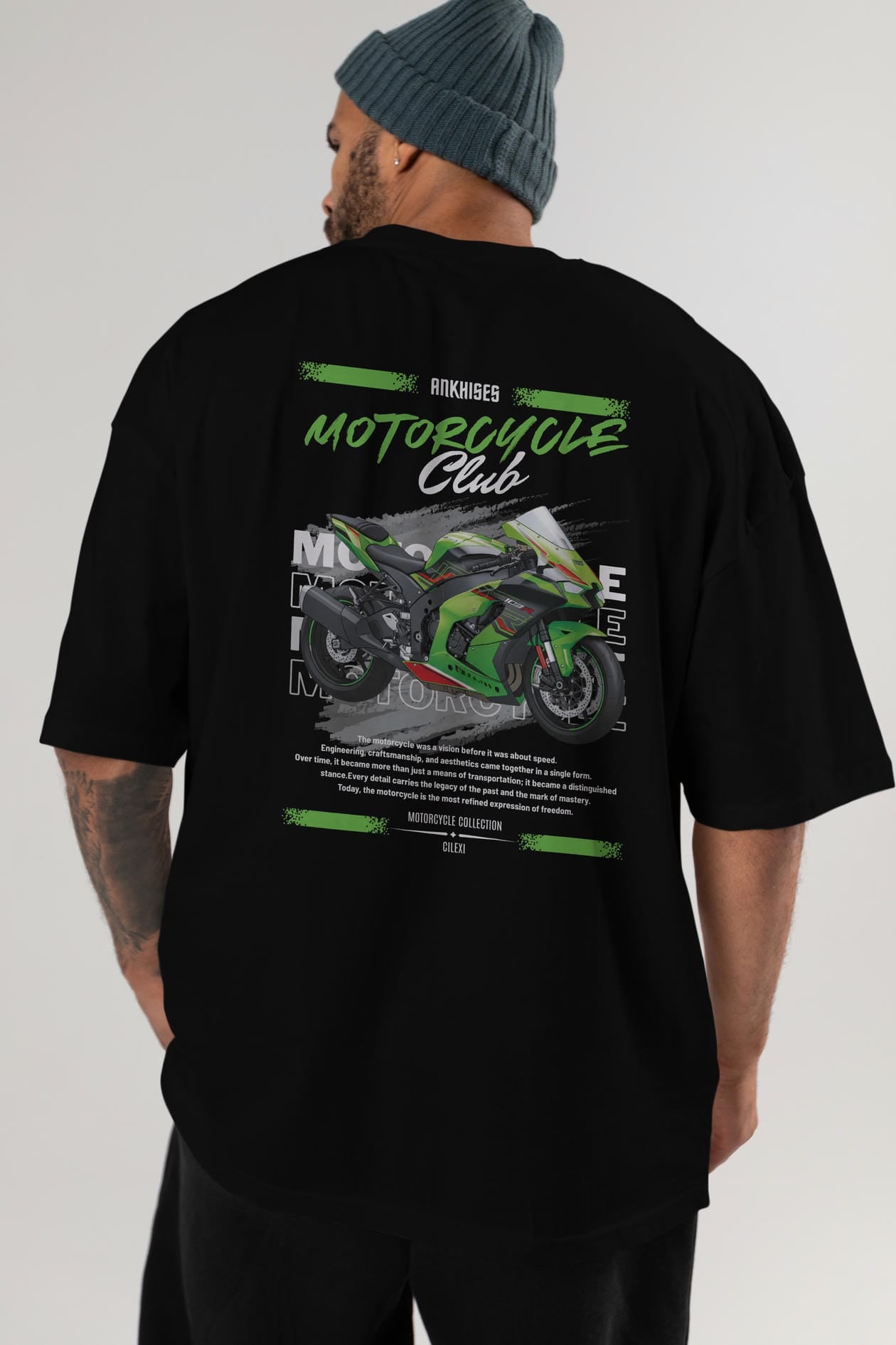 Motosiklet Serisi 14 Arka Baskılı Oversize t-shirt Erkek Kadın %100 Pamuk Bisiklet Yaka tişort