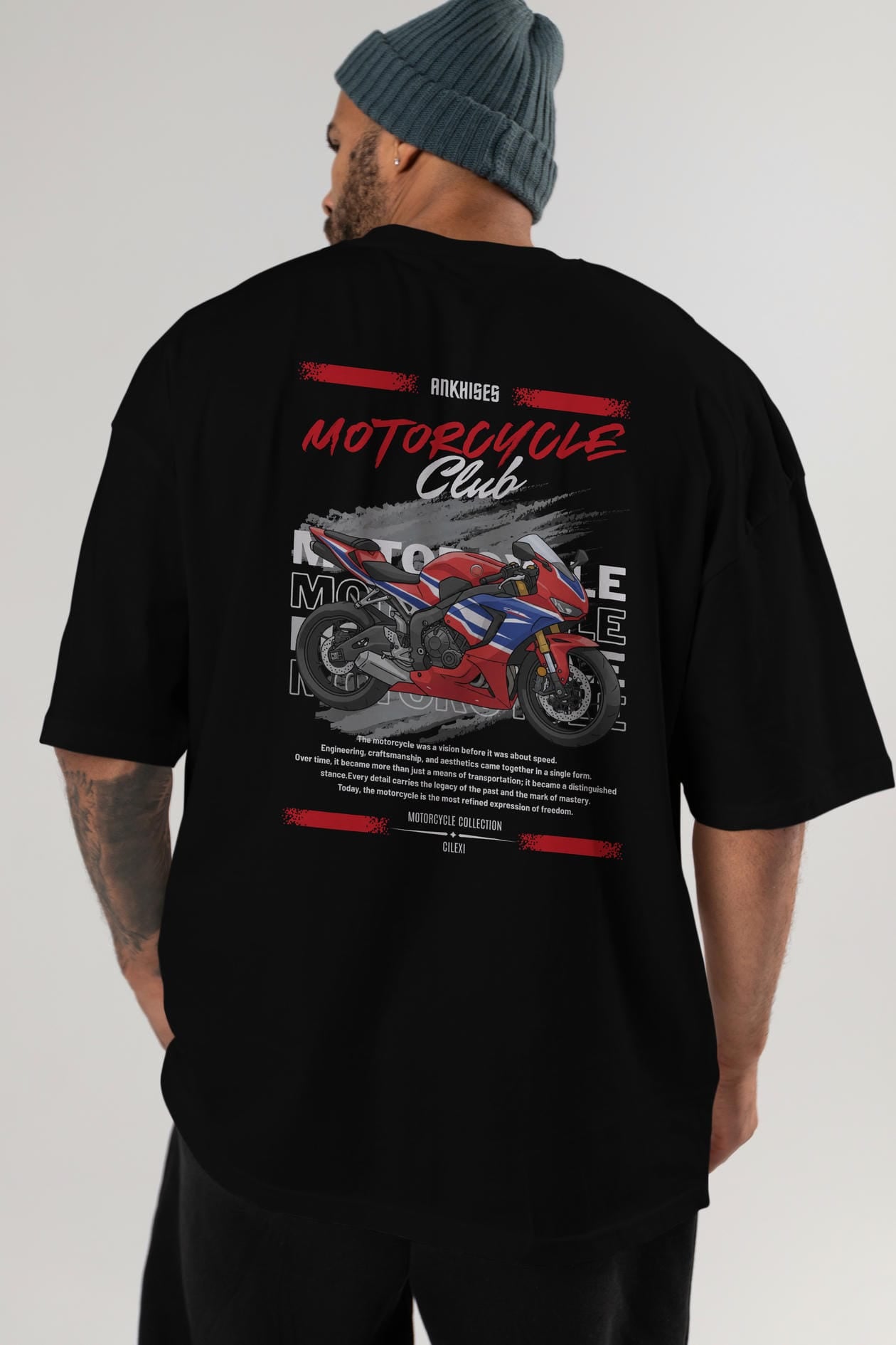 Motosiklet Serisi 25 Arka Baskılı Oversize t-shirt Erkek Kadın %100 Pamuk Bisiklet Yaka tişort