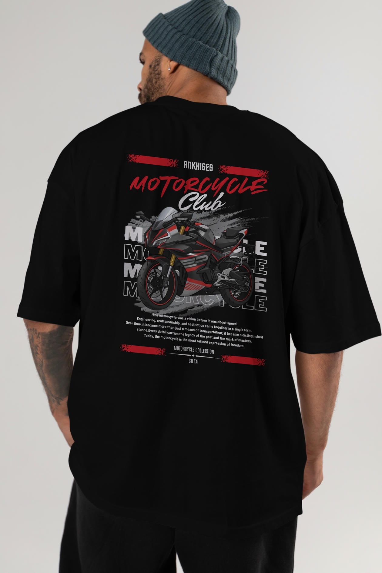 Motosiklet Serisi 17 Arka Baskılı Oversize t-shirt Erkek Kadın %100 Pamuk Bisiklet Yaka tişort