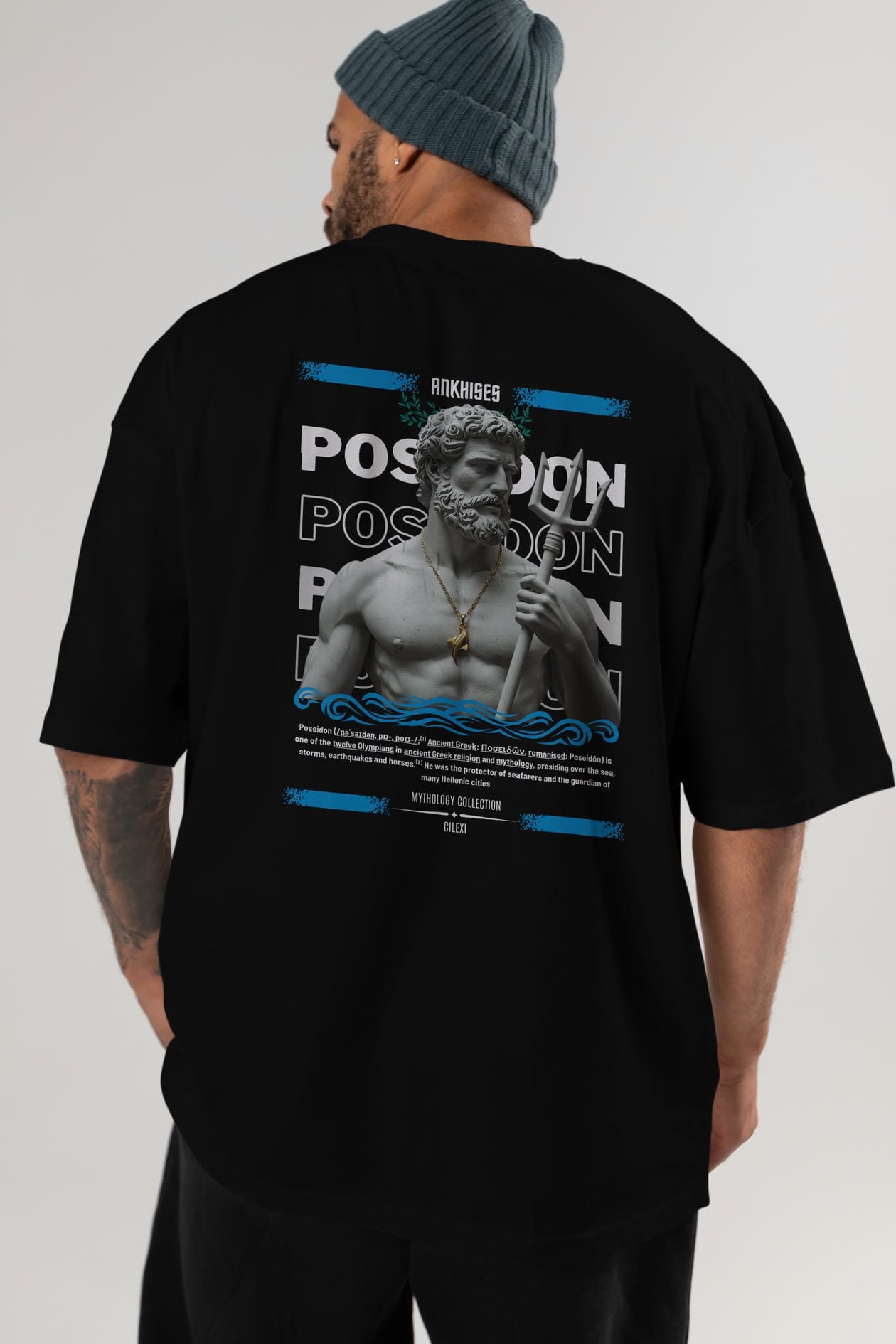 Poseidon 3 Arka Baskılı Oversize t-shirt Erkek Kadın %100 Pamuk Bisiklet Yaka tişort