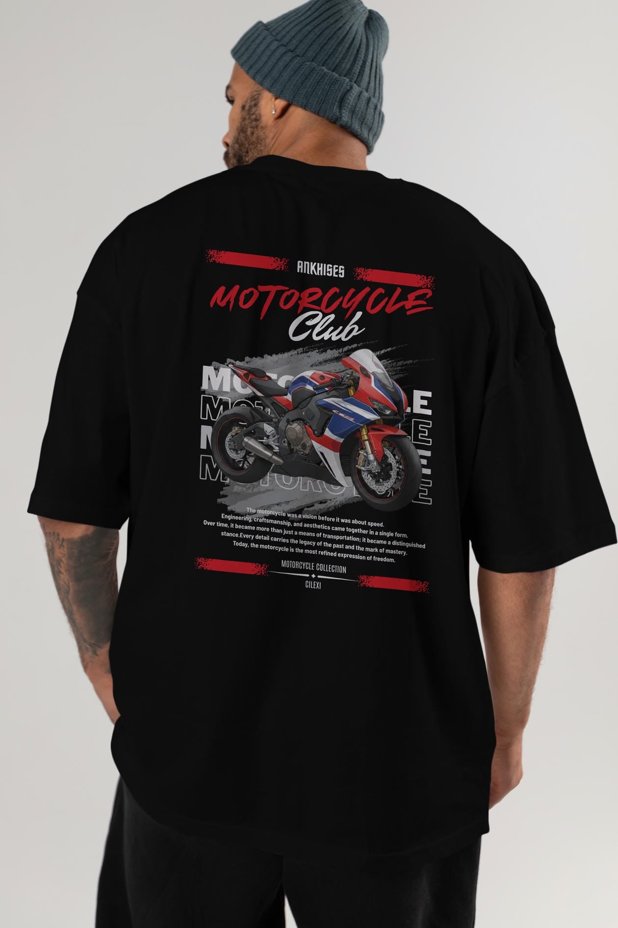 Motosiklet Serisi 3 Arka Baskılı Oversize t-shirt Erkek Kadın %100 Pamuk Bisiklet Yaka tişort