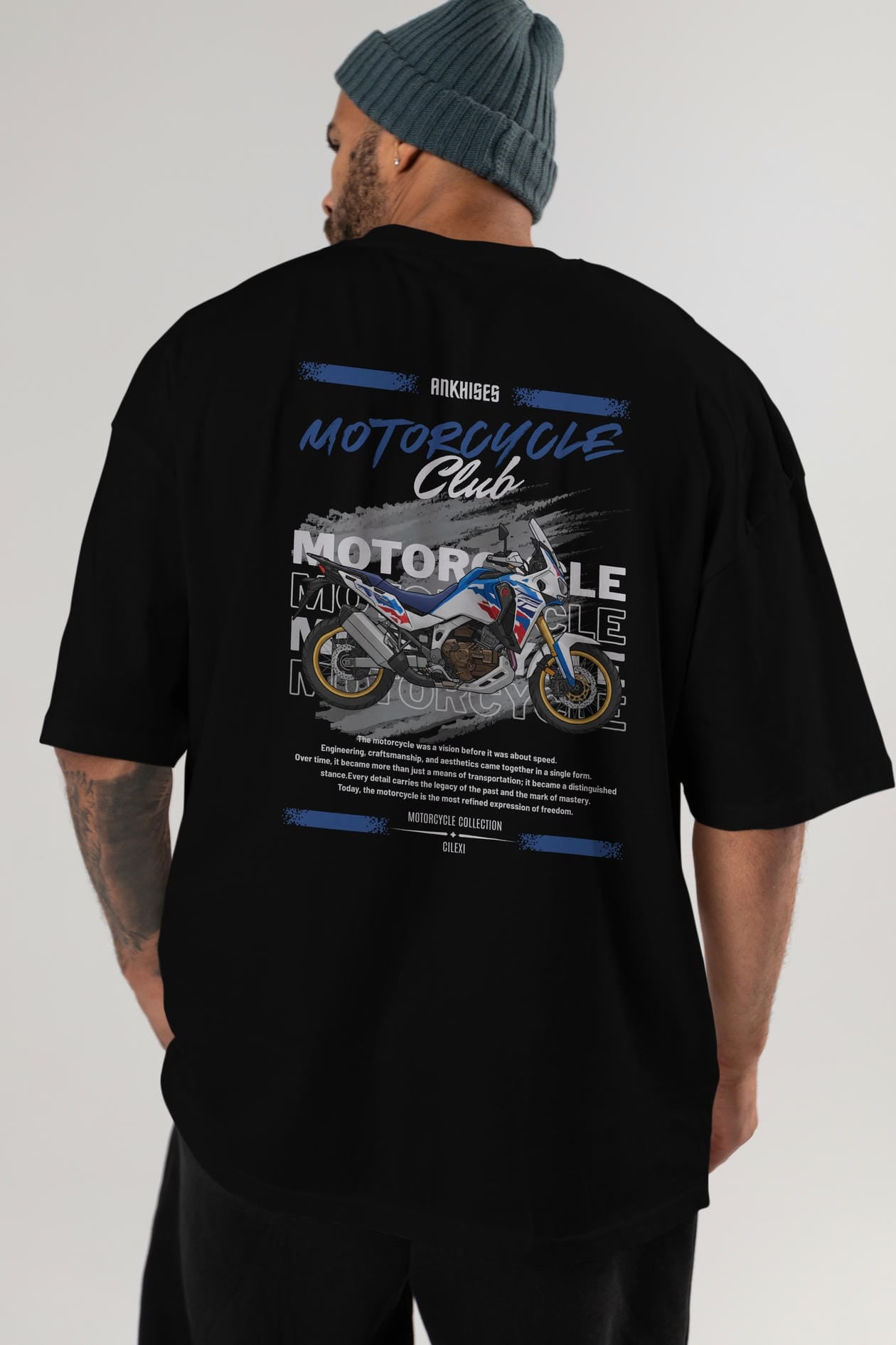 Motosiklet Serisi 23 Arka Baskılı Oversize t-shirt Erkek Kadın %100 Pamuk Bisiklet Yaka tişort