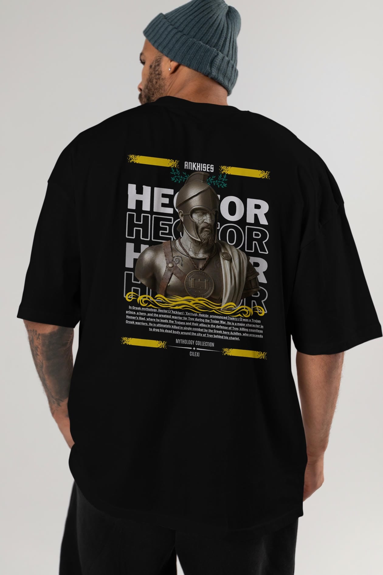 Hector 1 Arka Baskılı Oversize t-shirt Erkek Kadın %100 Pamuk Bisiklet Yaka tişort