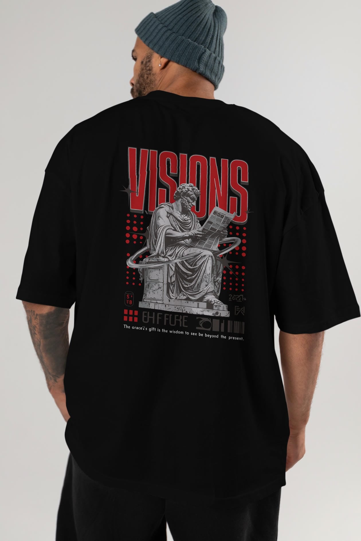 Visions Arka Baskılı Oversize t-shirt Erkek Kadın %100 Pamuk Bisiklet Yaka tişort