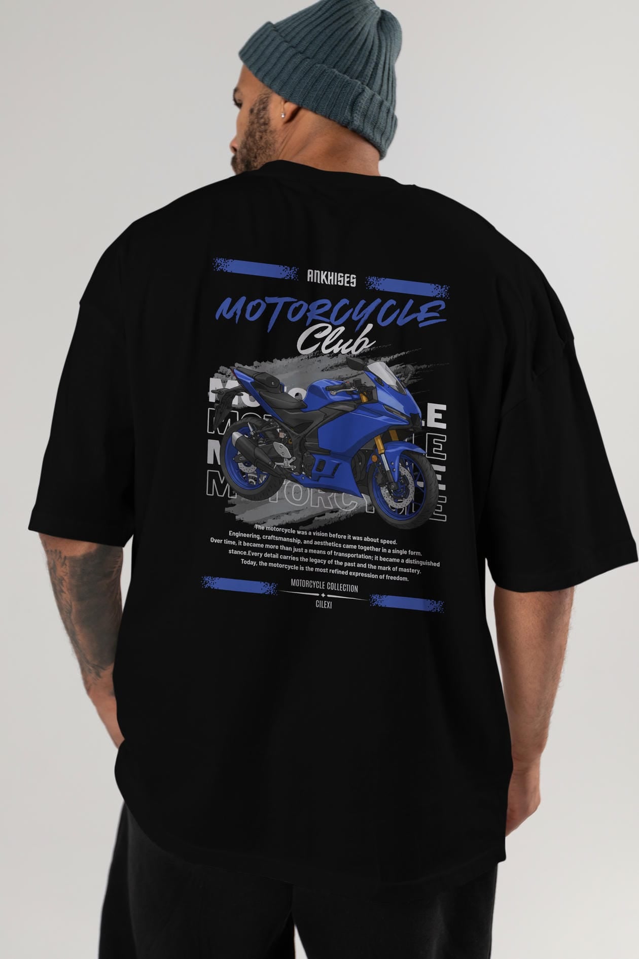 Motosiklet Serisi 33 Arka Baskılı Oversize t-shirt Erkek Kadın %100 Pamuk Bisiklet Yaka tişort