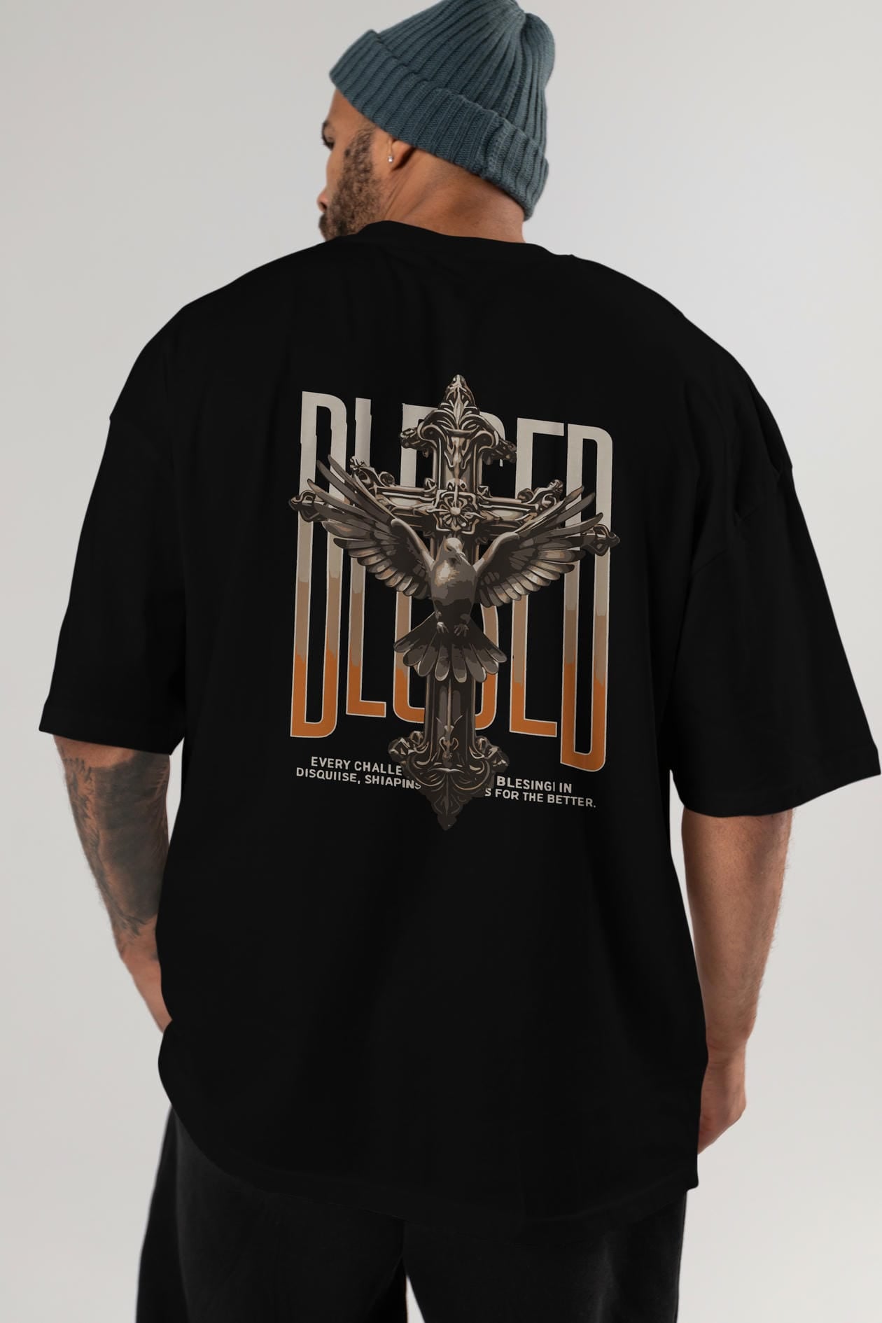 Blesed Arka Baskılı Oversize t-shirt Erkek Kadın %100 Pamuk Bisiklet Yaka tişort