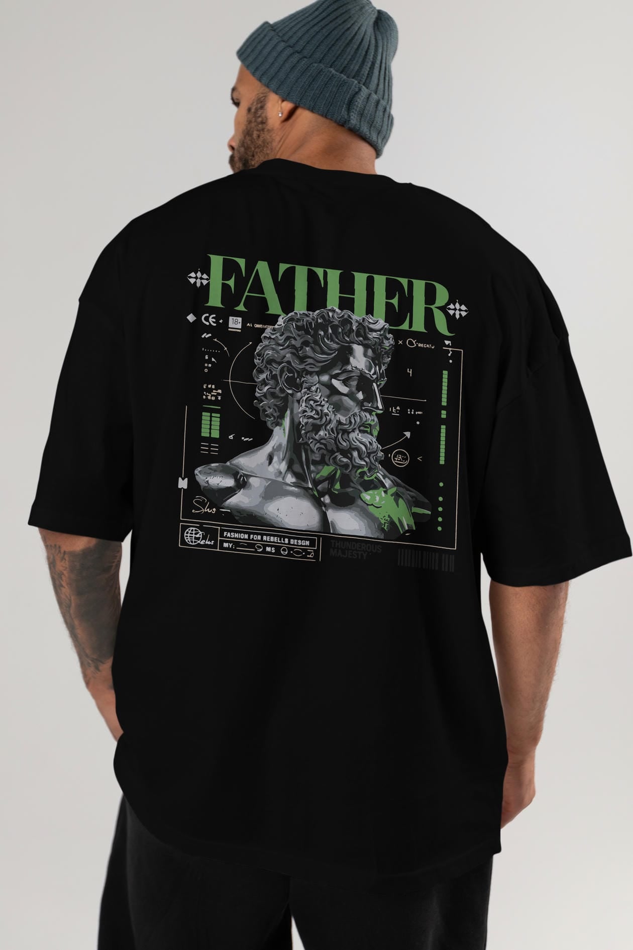 Father Zeus Arka Baskılı Oversize t-shirt Erkek Kadın %100 Pamuk Bisiklet Yaka tişort