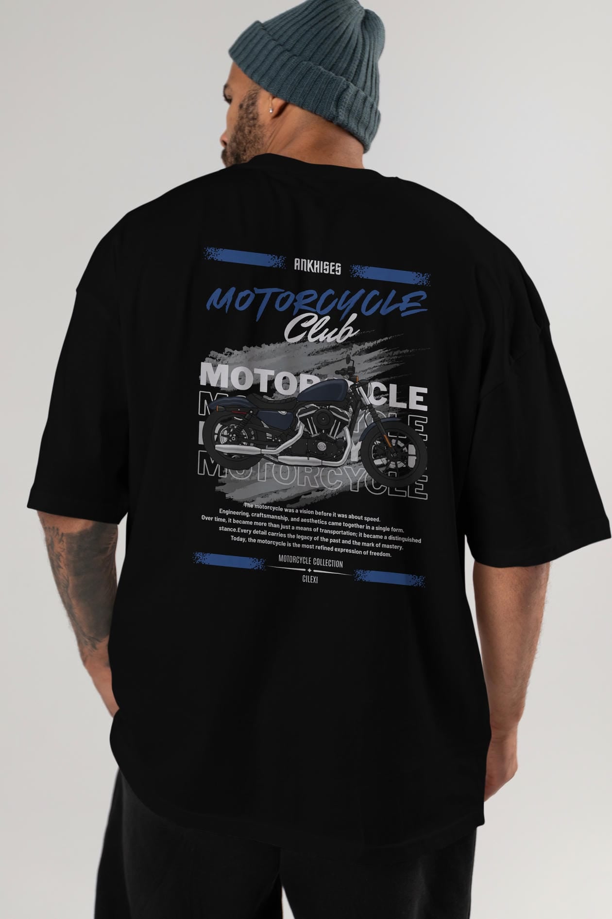 Motosiklet Serisi 30 Arka Baskılı Oversize t-shirt Erkek Kadın %100 Pamuk Bisiklet Yaka tişort
