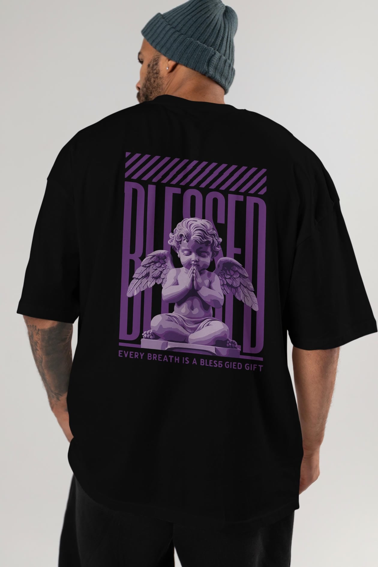 Blessed Arka Baskılı Oversize t-shirt Erkek Kadın %100 Pamuk Bisiklet Yaka tişort
