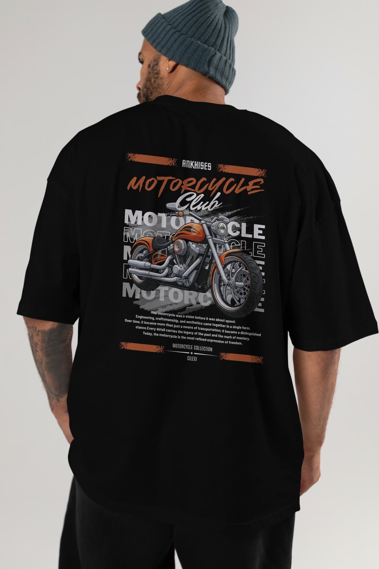 Motosiklet Serisi 34 Arka Baskılı Oversize t-shirt Erkek Kadın %100 Pamuk Bisiklet Yaka tişort