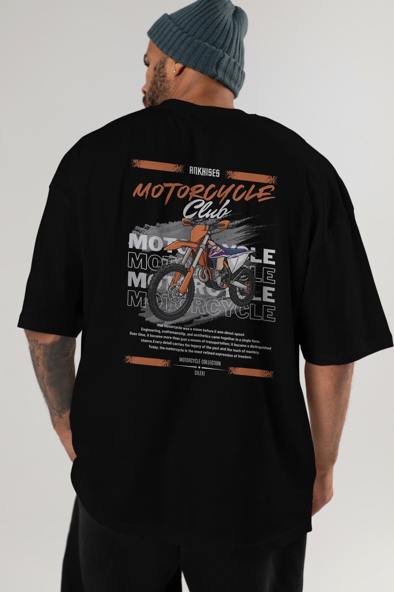 Motosiklet Serisi 19 Arka Baskılı Oversize t-shirt Erkek Kadın %100 Pamuk Bisiklet Yaka tişort